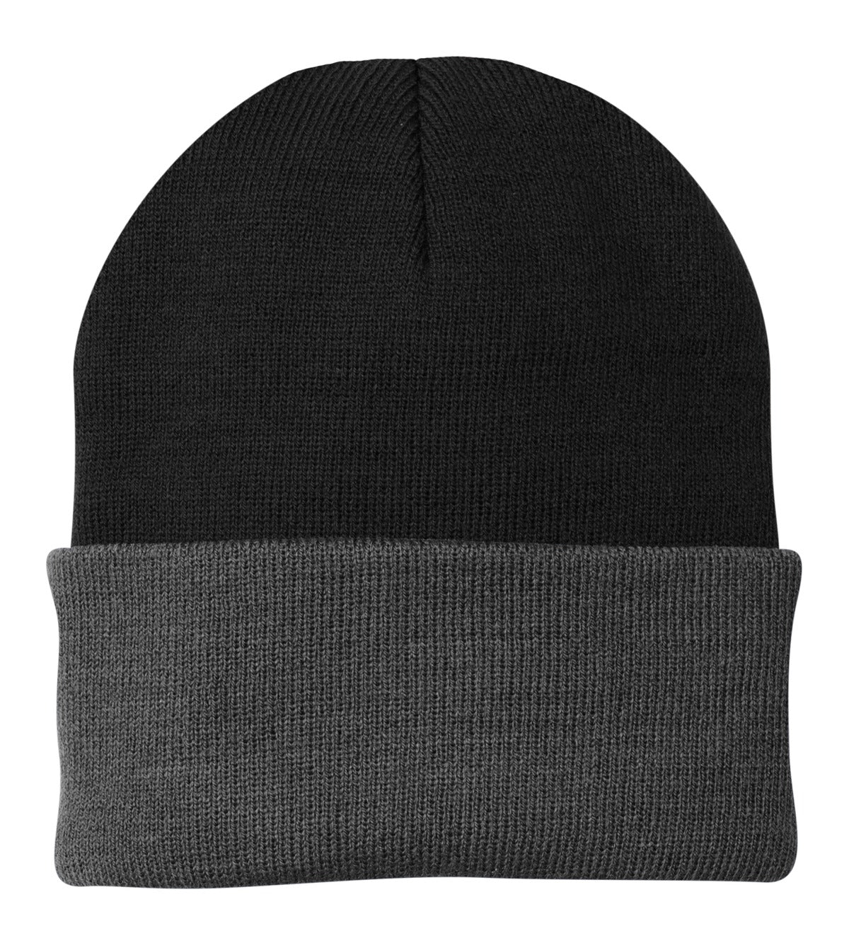 Front View of Black/Ath Oxfd Port & Company Knit Cap. CP90