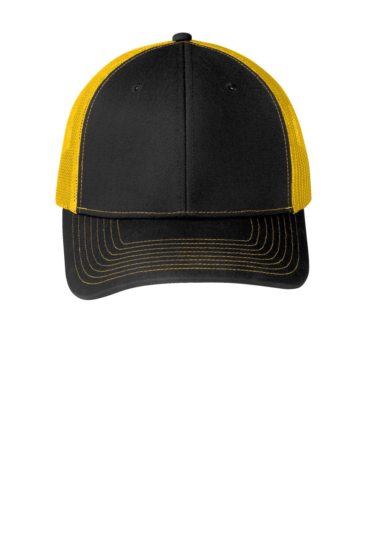 Front View of Black/Gold Port Authority Snapback Trucker Cap. C112