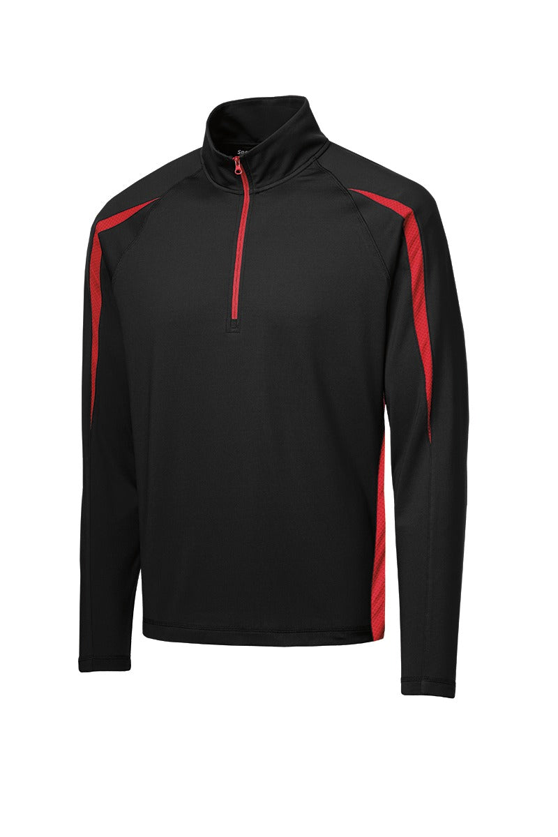 Front View of Black/True Red Sport-Tek Sport-Wick Stretch 1/2-Zip Colorblock Pullover. ST851