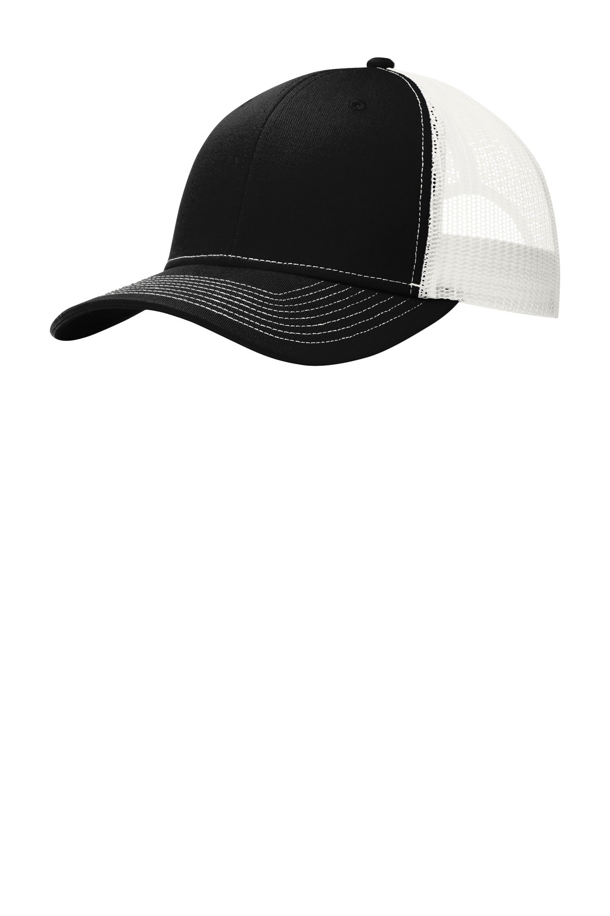 Front View of Black/White Port Authority Snapback Trucker Cap. C112