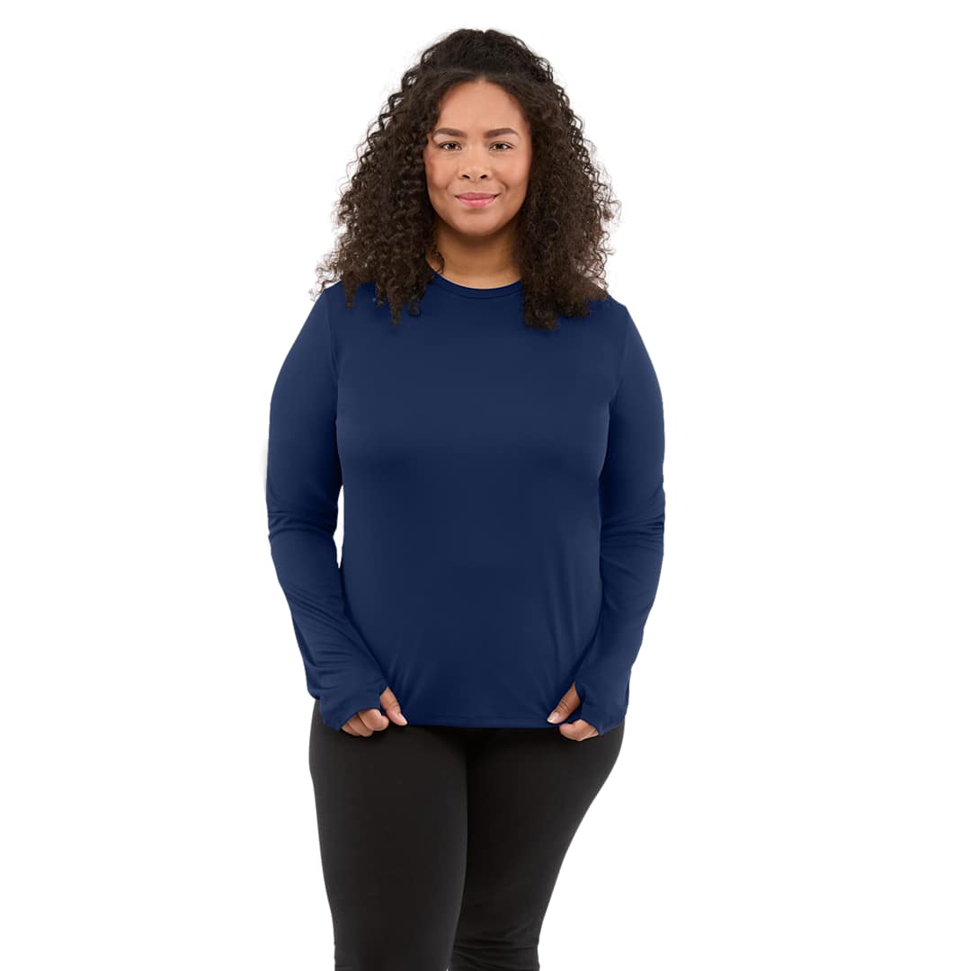 Front View of Blue DARA LS Tech Tee - Women's plain