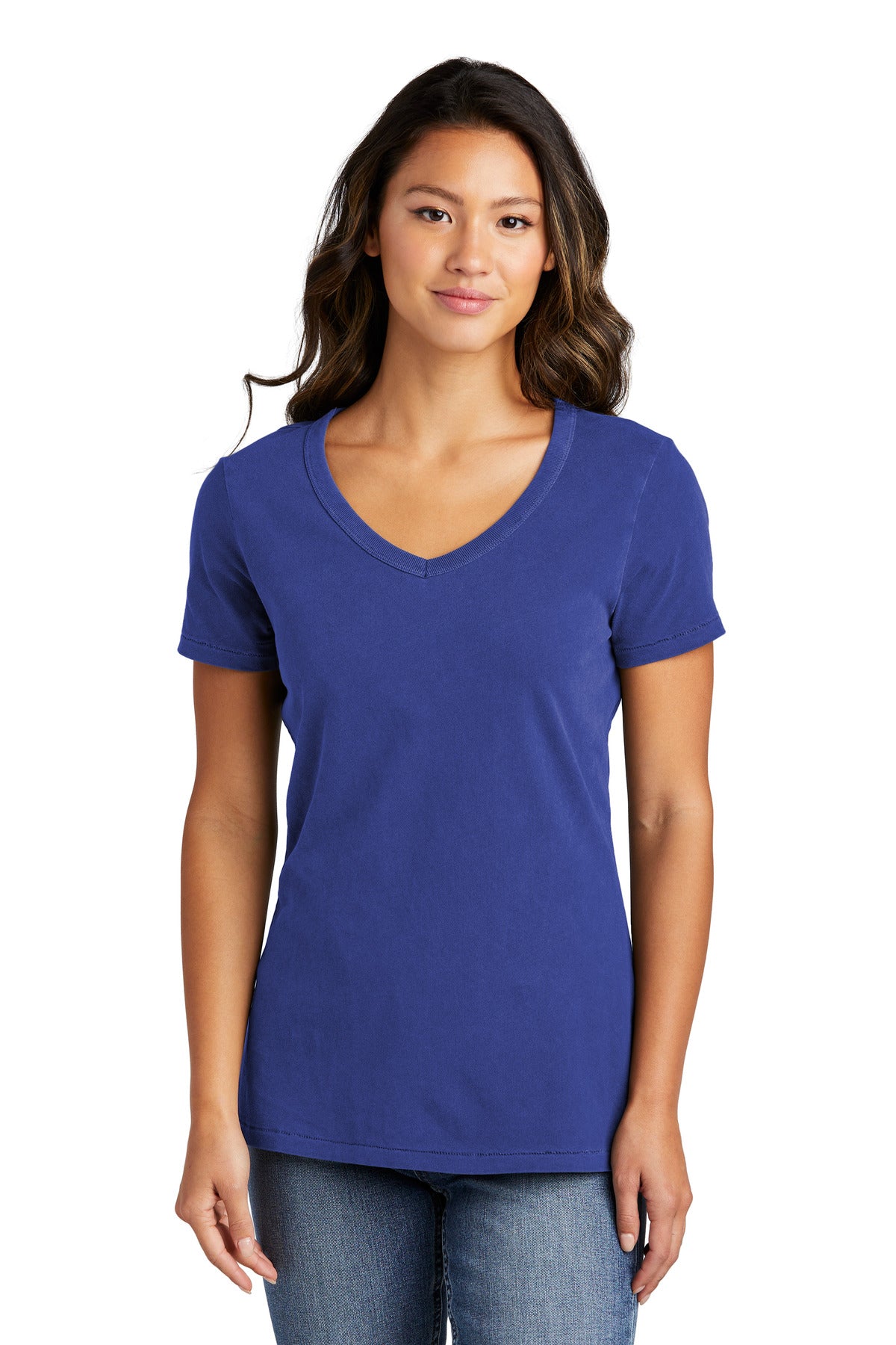 Front View of BlueIris Port & Company Women's Beach Wash Garment-Dyed V-Neck Tee LPC099V