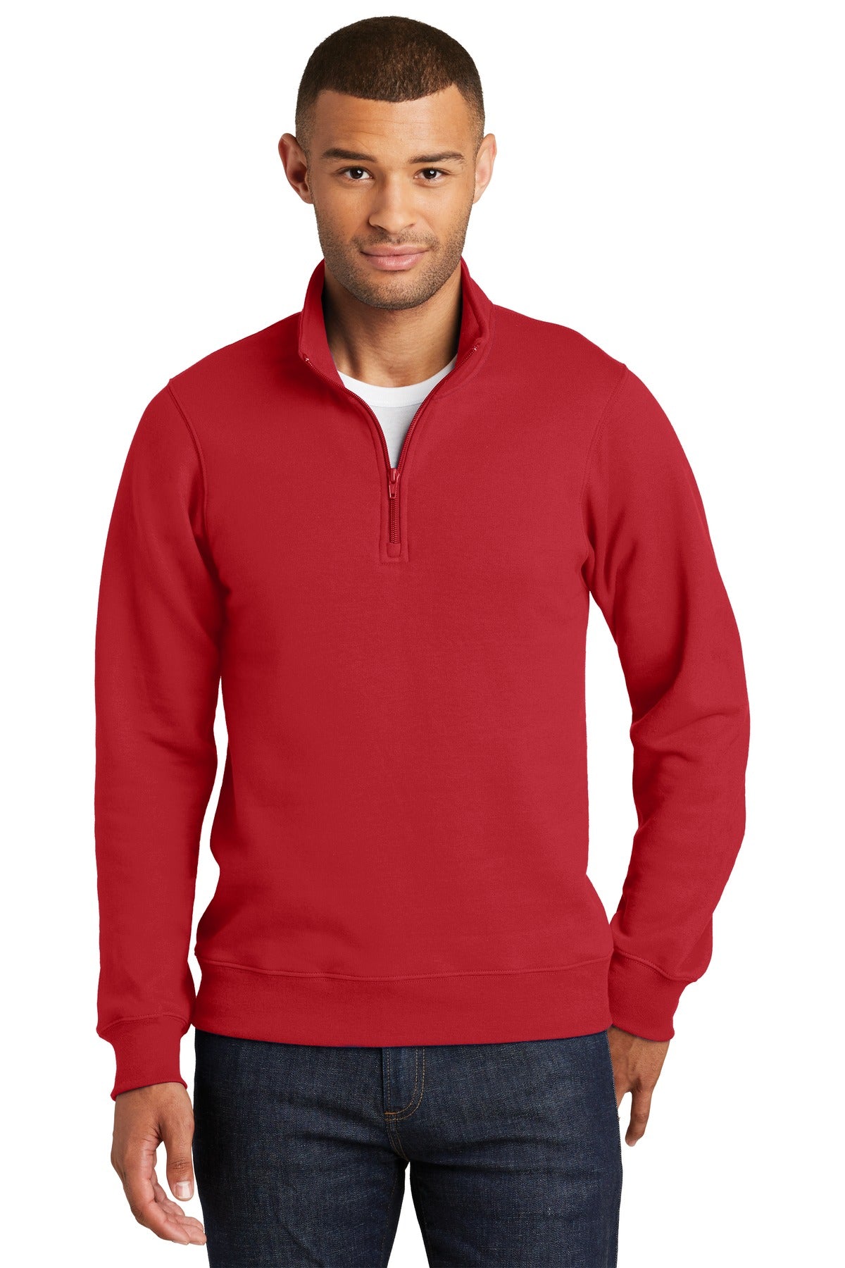Front View of Bright Red Port & Company Fan Favorite Fleece 1/4-Zip Pullover Sweatshirt. PC850Q