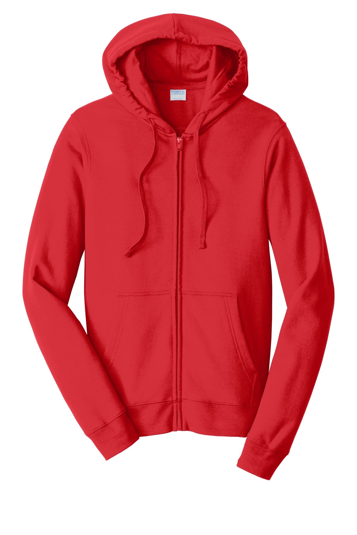 Front View of Bright Red Port & Company Fan Favorite Fleece Full-Zip Hooded Sweatshirt. PC850ZH