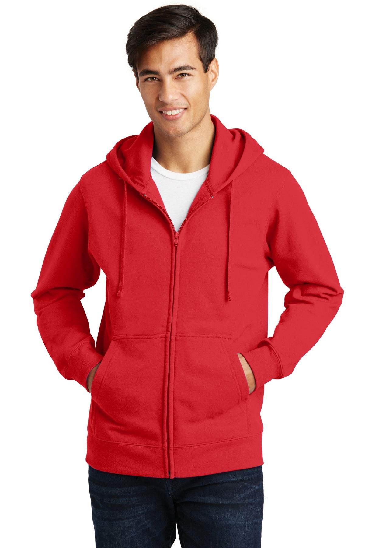 Front View of Bright Red Port & Company Fan Favorite Fleece Full-Zip Hooded Sweatshirt. PC850ZH