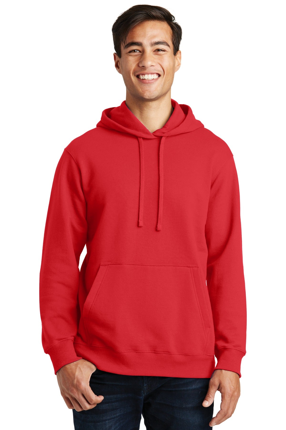 Front View of Bright Red Port & Company Fan Favorite Fleece Pullover Hooded Sweatshirt. PC850H