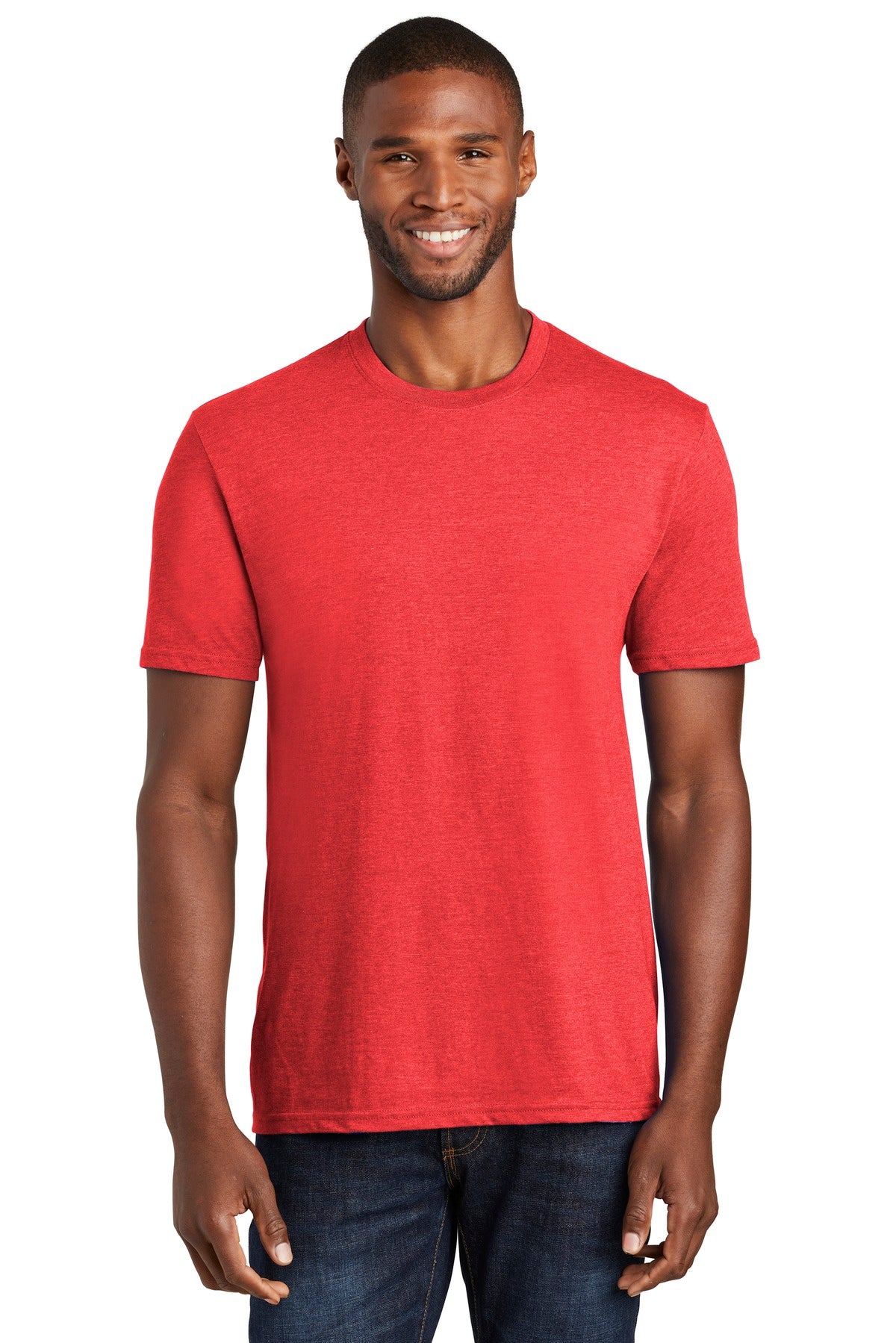 Front View of Brt Red Hthr Port & Company Fan Favorite Blend Tee. PC455