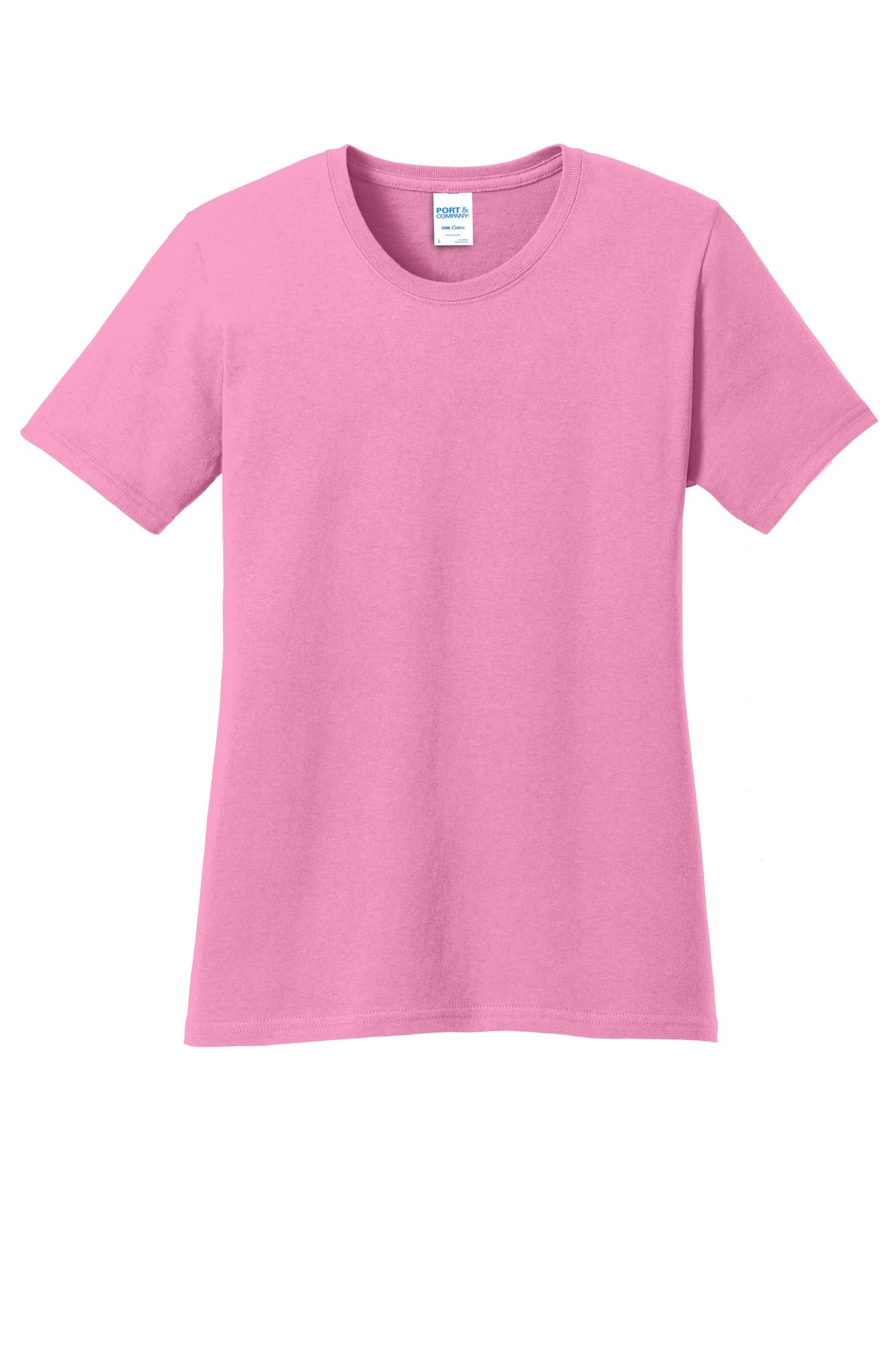 Front View of Candy Pink Port & Company Women's Core Cotton Tee. LPC54