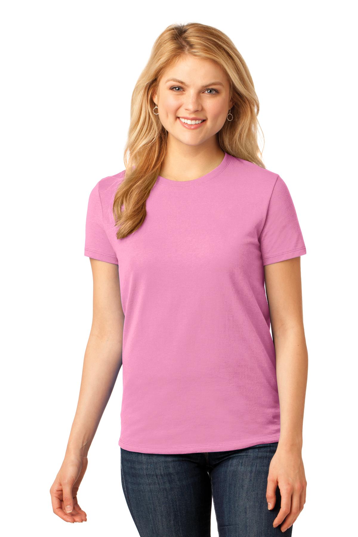 Front View of Candy Pink Port & Company Women's Core Cotton Tee. LPC54