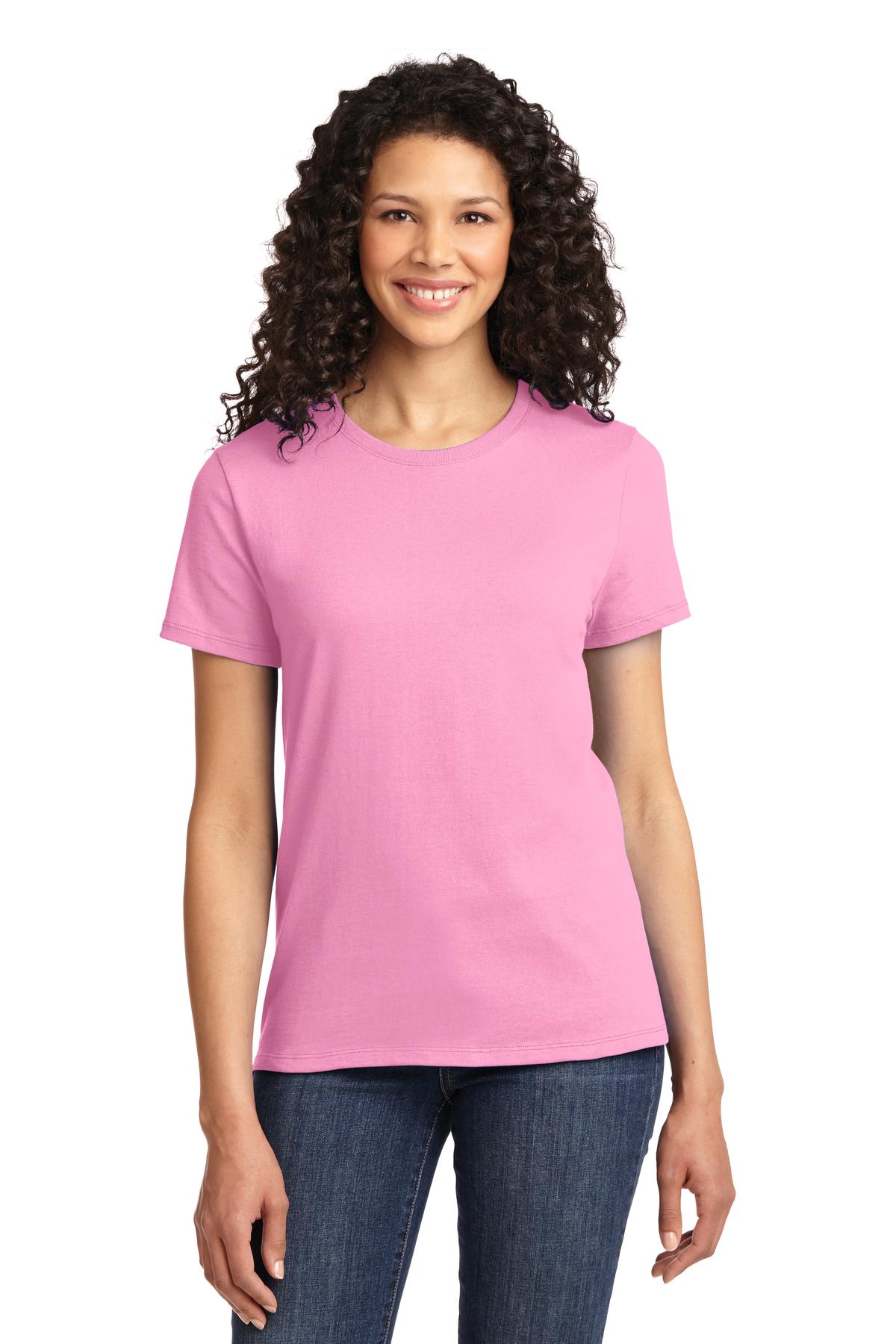 Front View of Candy Pink Port & Company Women's Essential Tee. LPC61