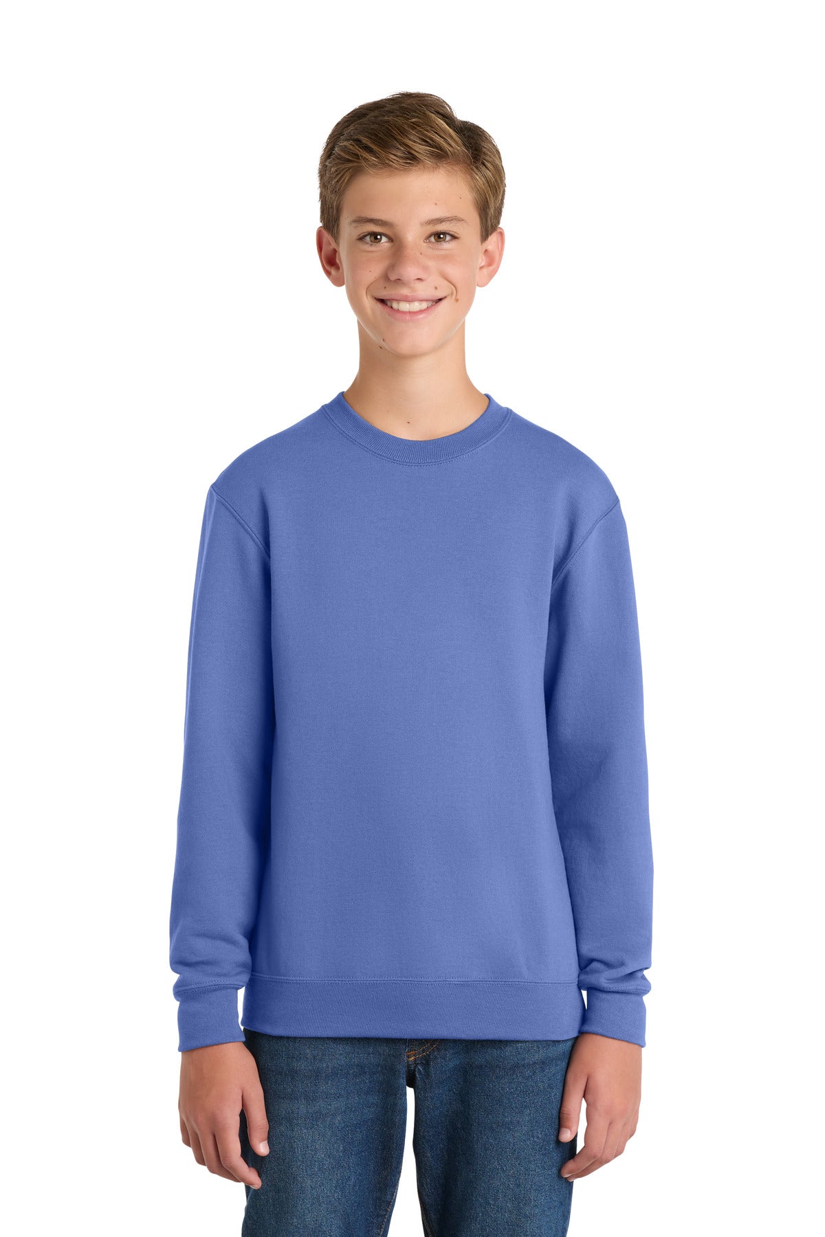 Front View of Carolina Blue Port & Company Youth Core Fleece Crewneck Sweatshirt. PC90Y