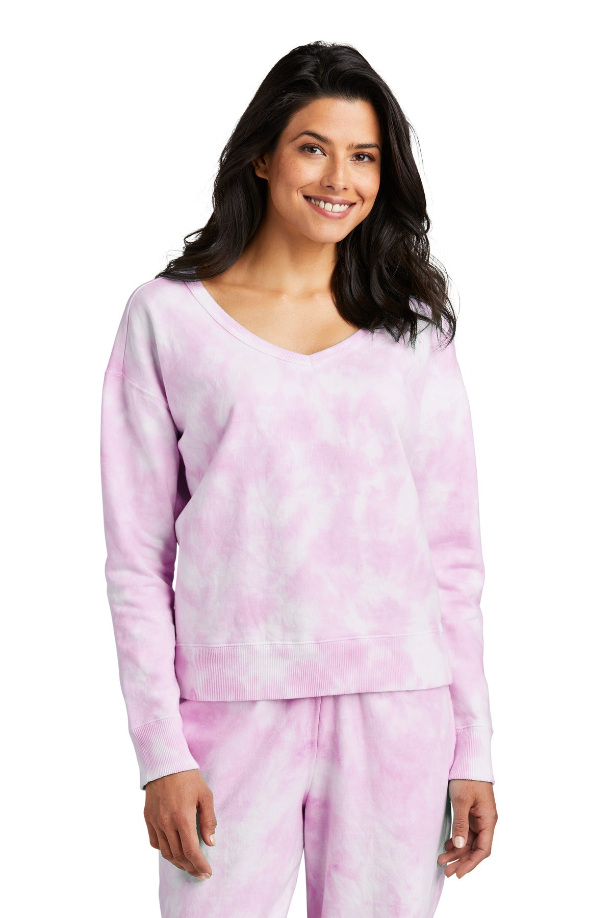 Front View of CerisePink Port & Company Women's Beach Wash Cloud Tie-Dye V-Neck Sweatshirt LPC140V