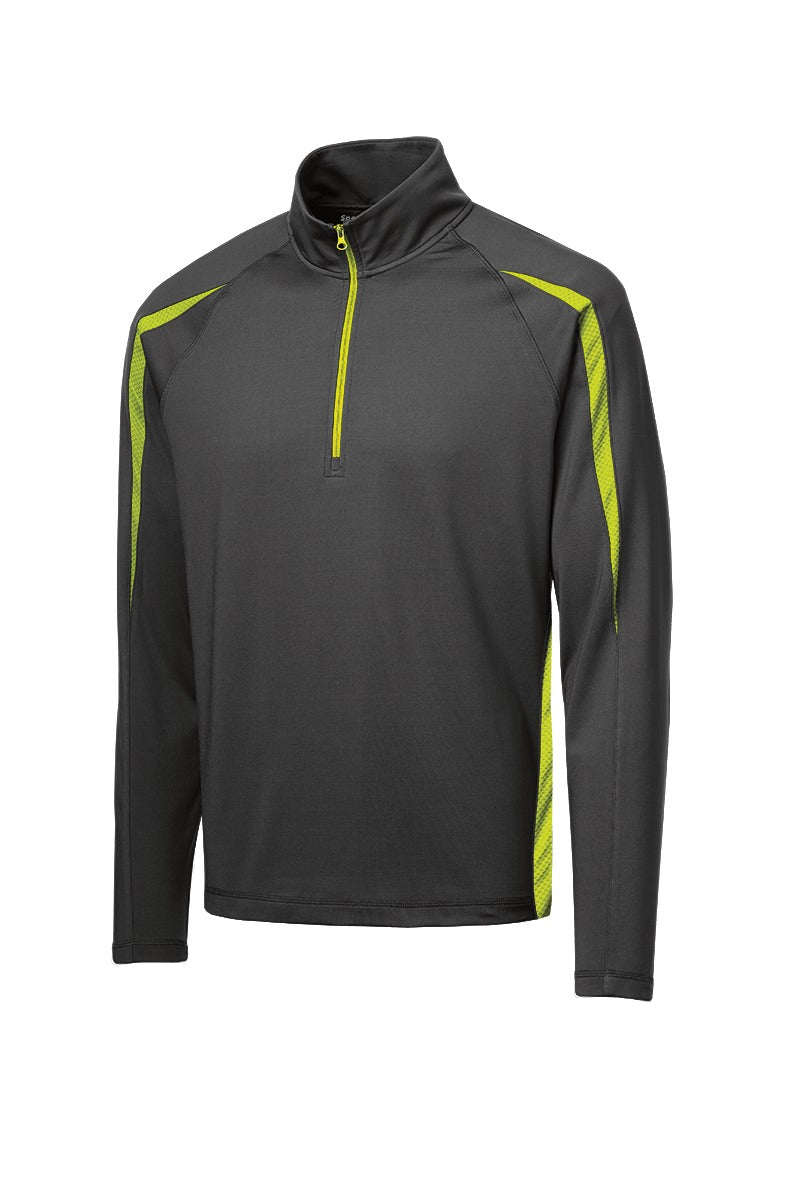 Front View of Char Gry/Green Sport-Tek Sport-Wick Stretch 1/2-Zip Colorblock Pullover. ST851