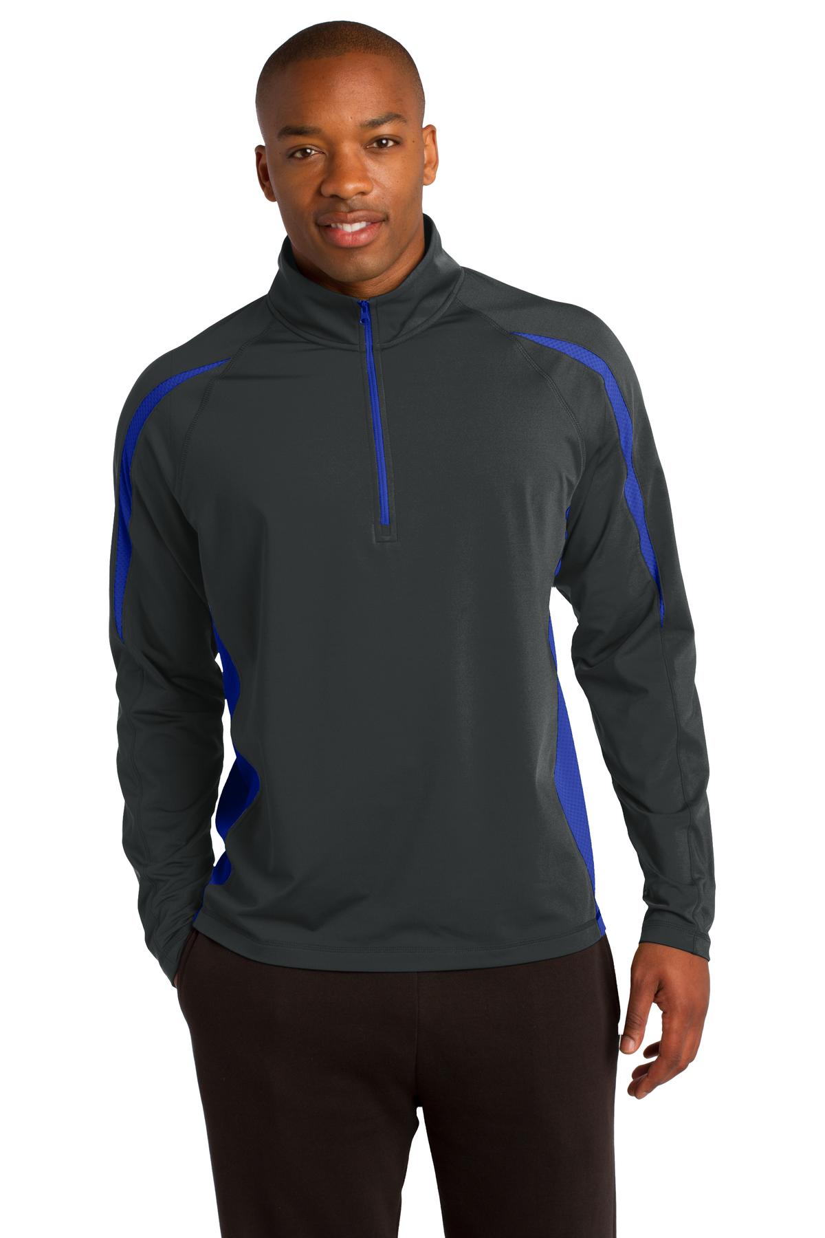 Front View of Char Gry/TrRyl Sport-Tek Sport-Wick Stretch 1/2-Zip Colorblock Pullover. ST851