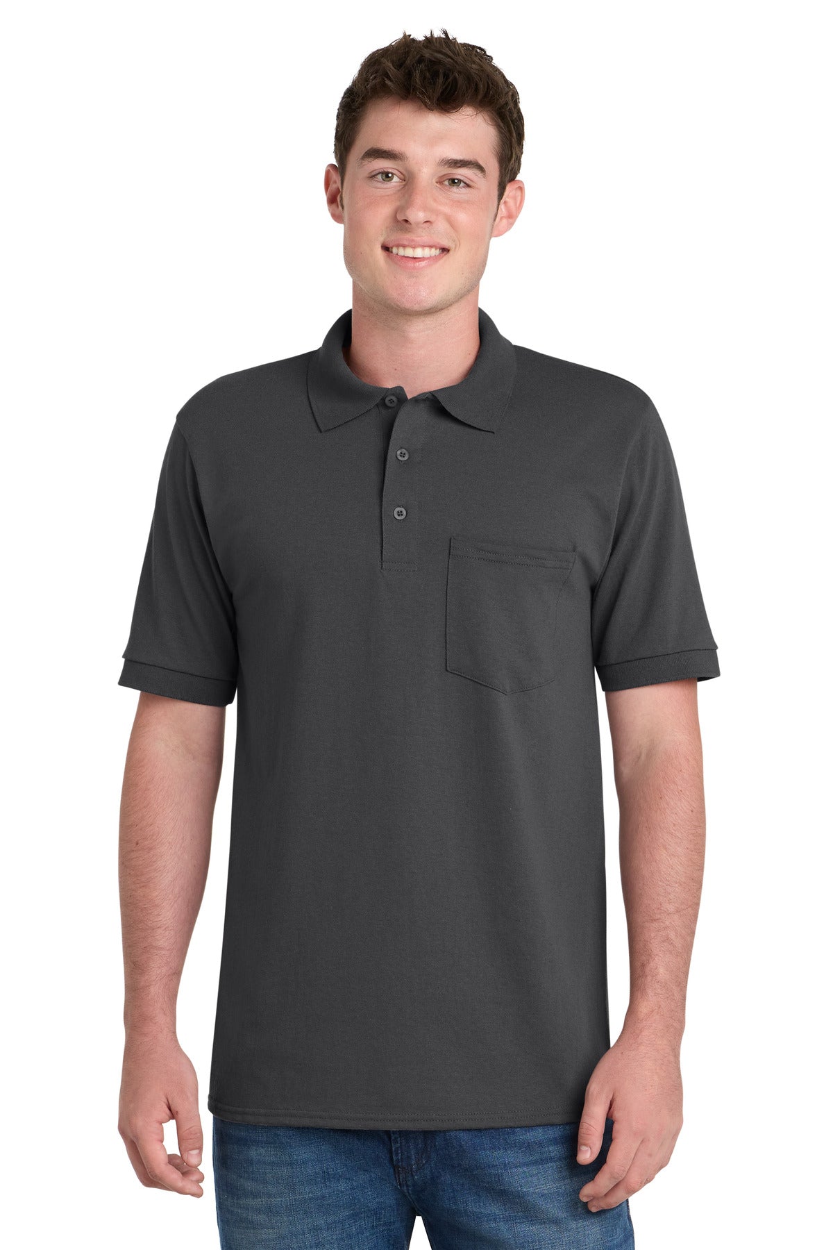 Front View of Charcoal Port & Company Core Blend Jersey Knit Pocket Polo. KP55P