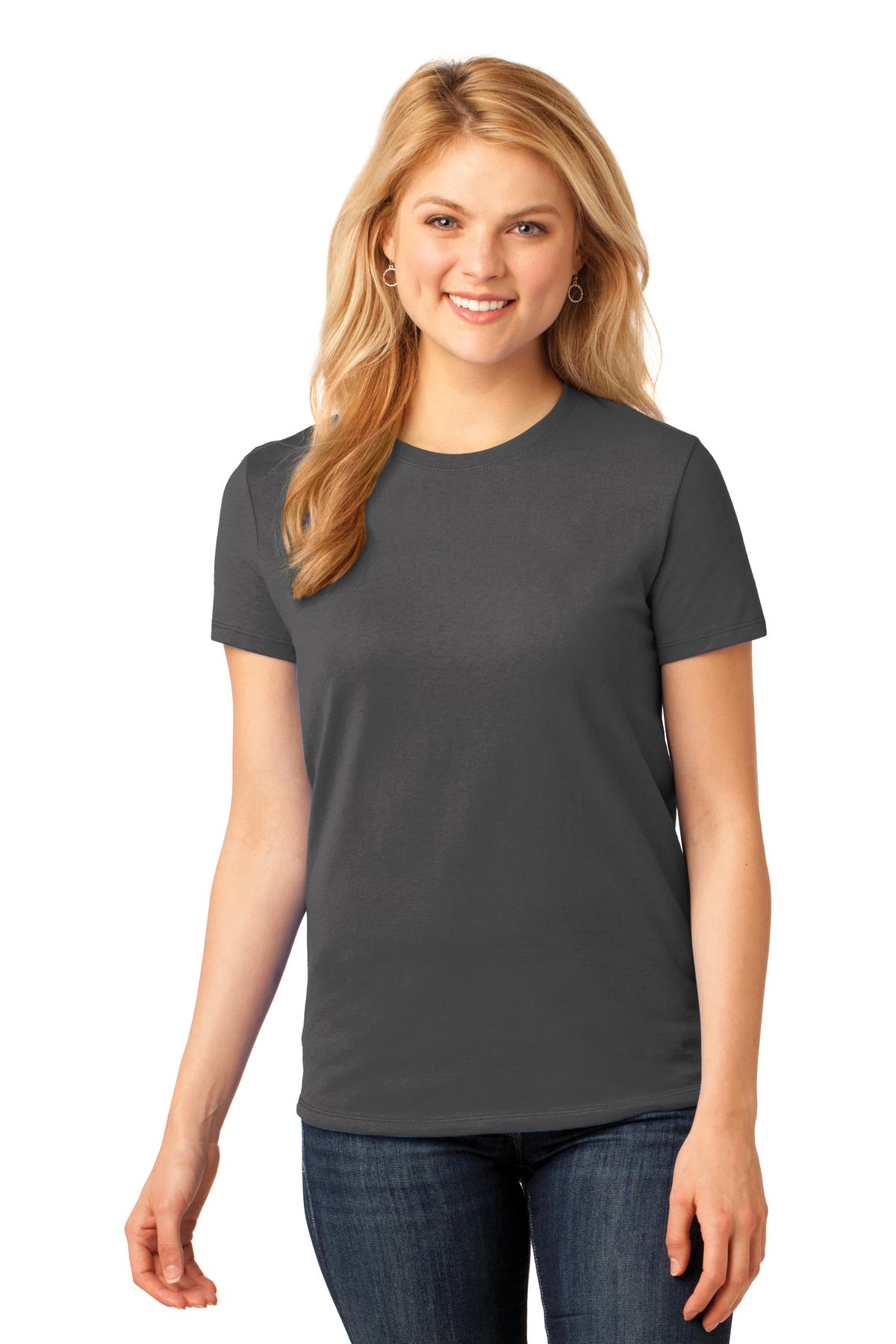 Front View of Charcoal Port & Company Women's Core Cotton Tee. LPC54