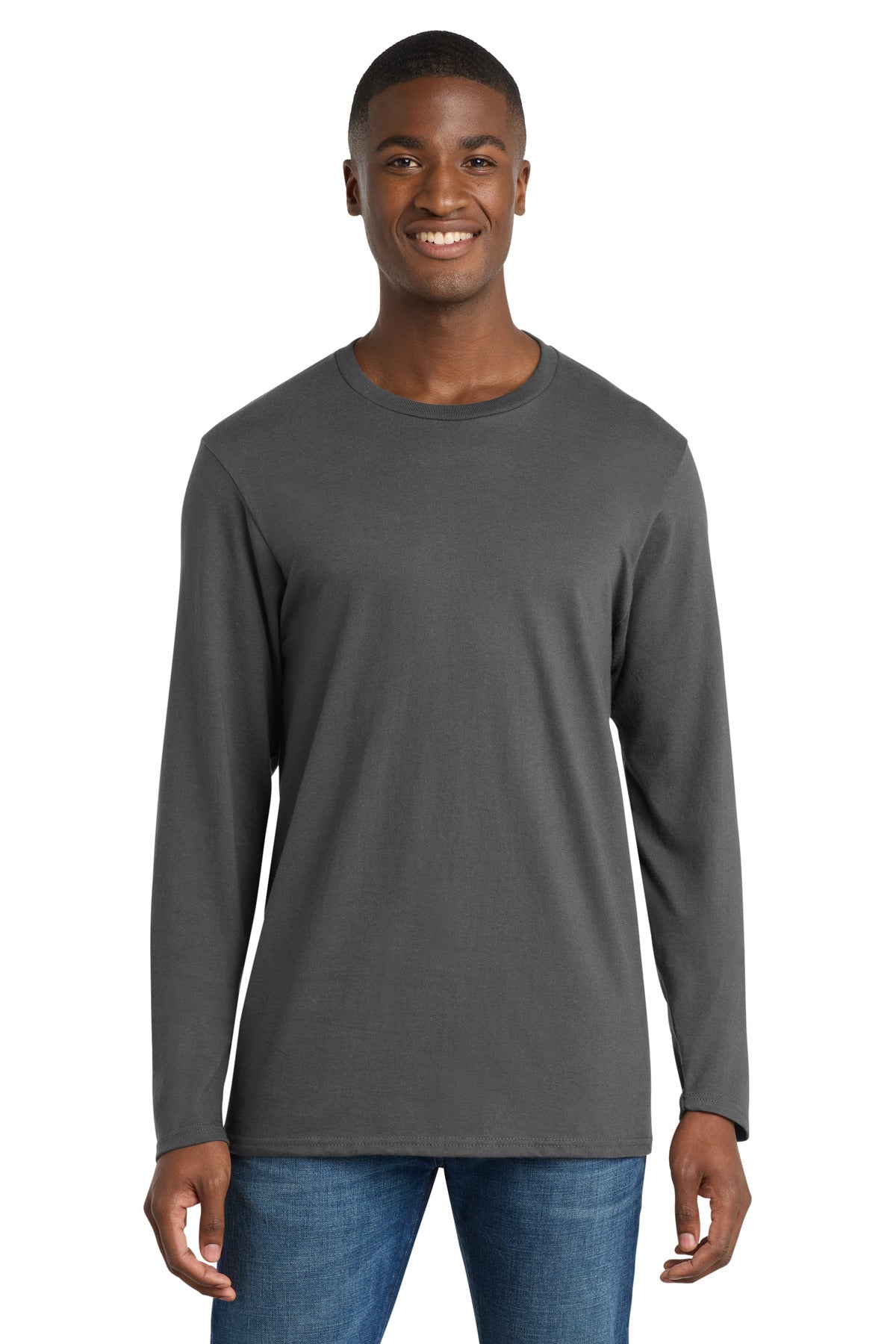 Front View of Coal Grey Port & Company Long Sleeve Bouncer Tee PC600LS