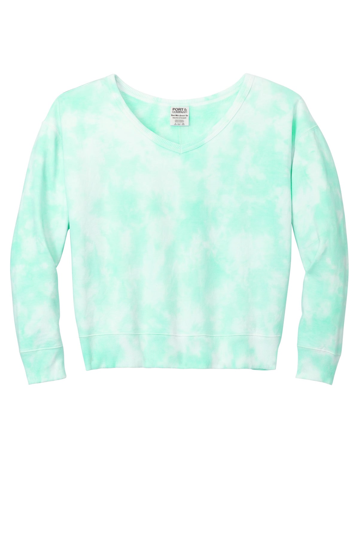 Front View of CoolMint Port & Company Women's Beach Wash Cloud Tie-Dye V-Neck Sweatshirt LPC140V