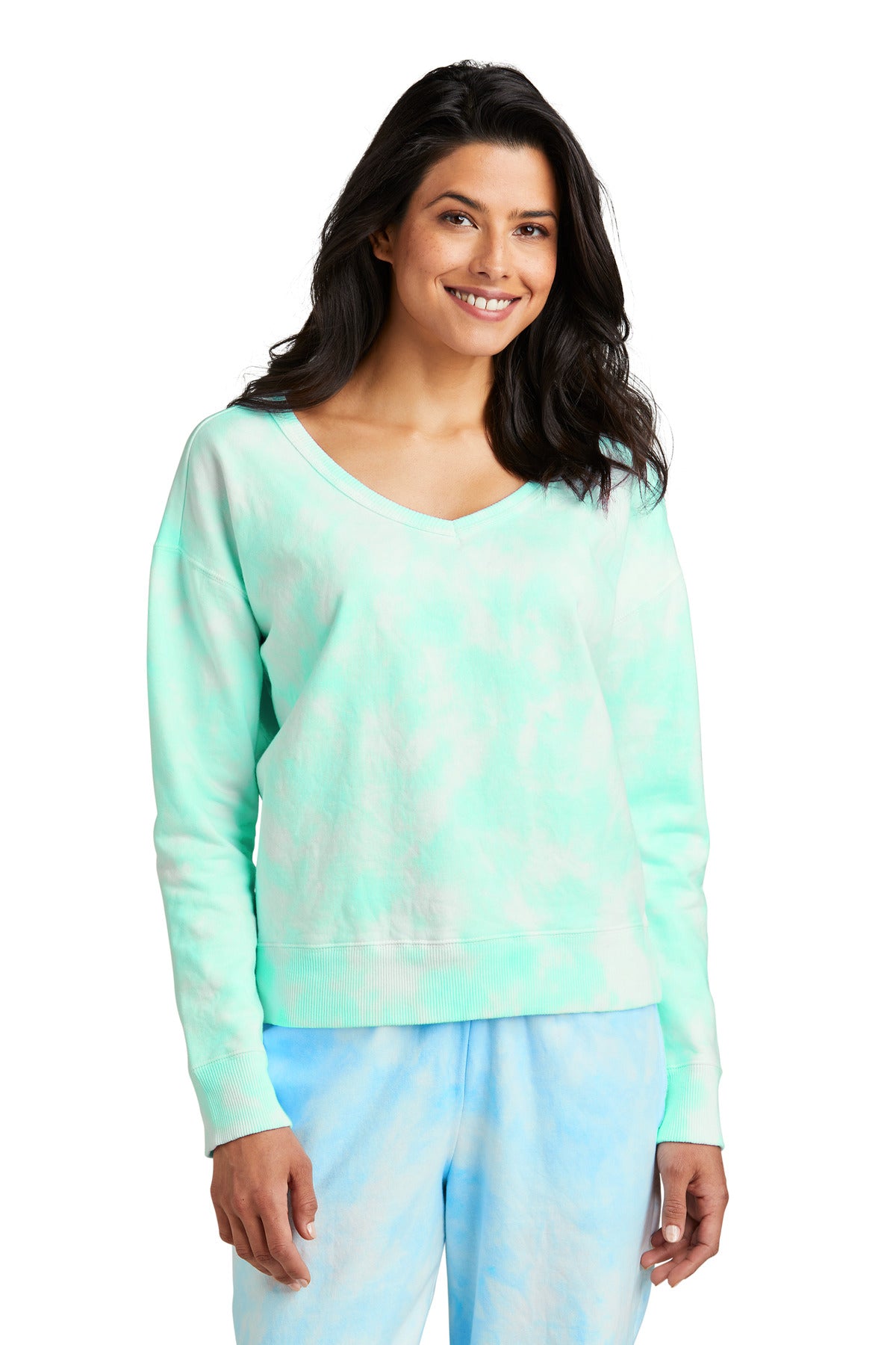 Front View of CoolMint Port & Company Women's Beach Wash Cloud Tie-Dye V-Neck Sweatshirt LPC140V