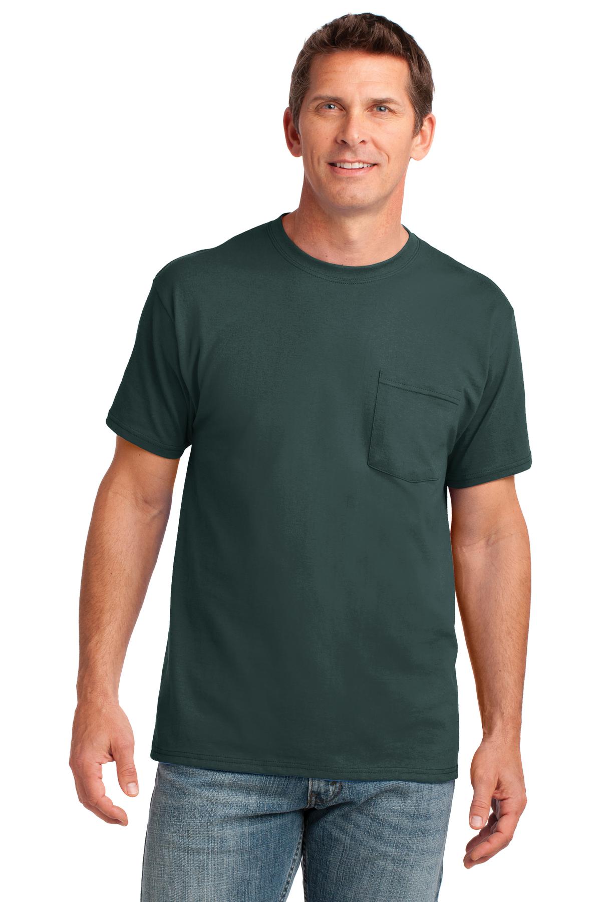 Front View of Dark Green Port & Company Core Cotton Pocket Tee. PC54P