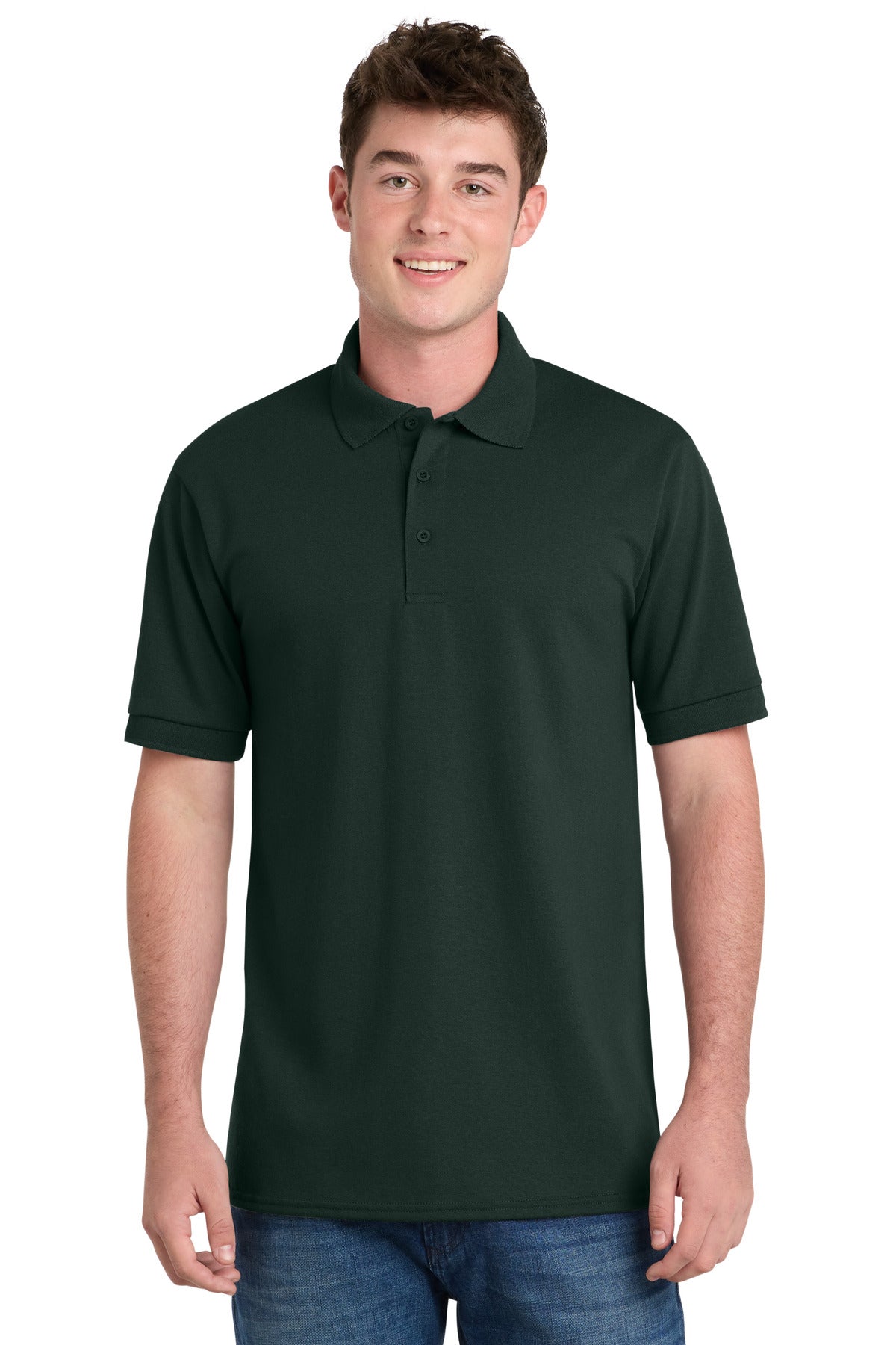 Front View of Dark Green Port & Company Tall Core Blend Jersey Knit Polo. KP55T