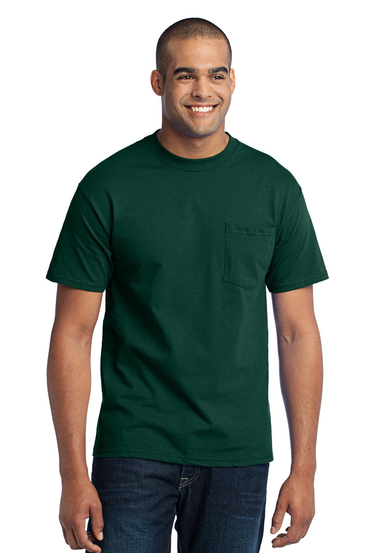 Front View of Dark Green Port & Company Tall Core Blend Pocket Tee. PC55PT