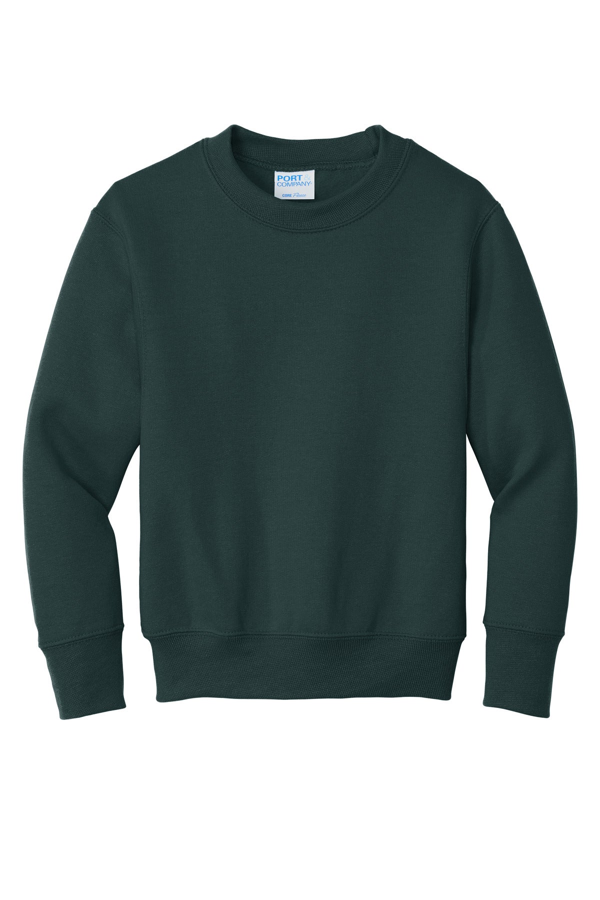Front View of Dark Green Port & Company Youth Core Fleece Crewneck Sweatshirt. PC90Y