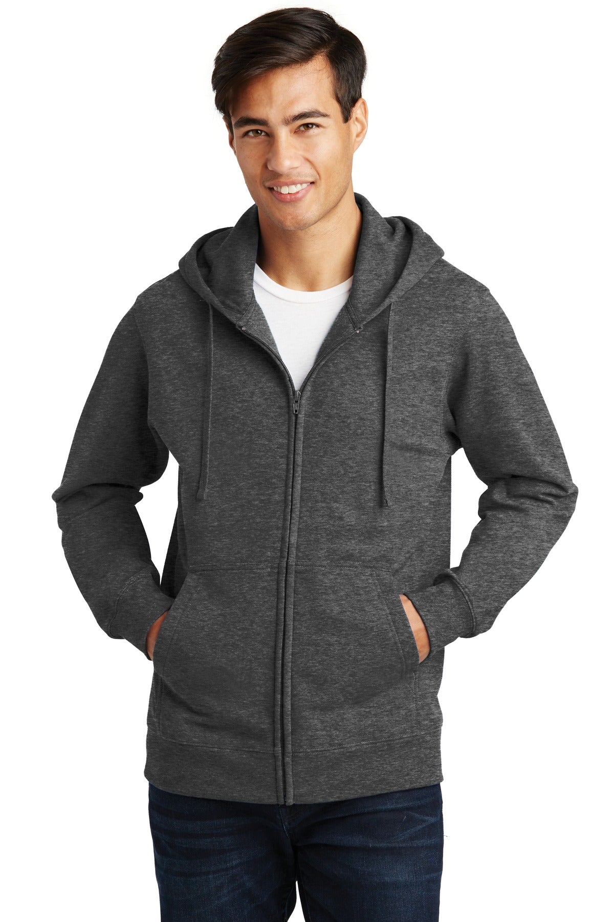 Front View of Dark Hthr Grey Port & Company Fan Favorite Fleece Full-Zip Hooded Sweatshirt. PC850ZH