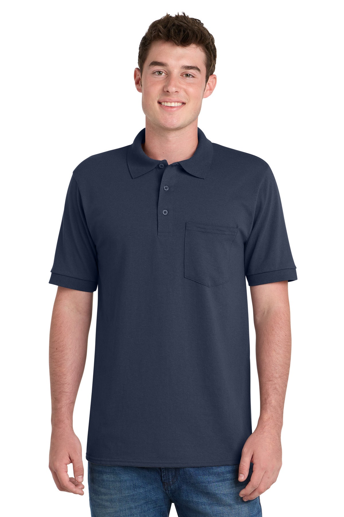 Front View of Deep Navy Port & Company Core Blend Jersey Knit Pocket Polo. KP55P