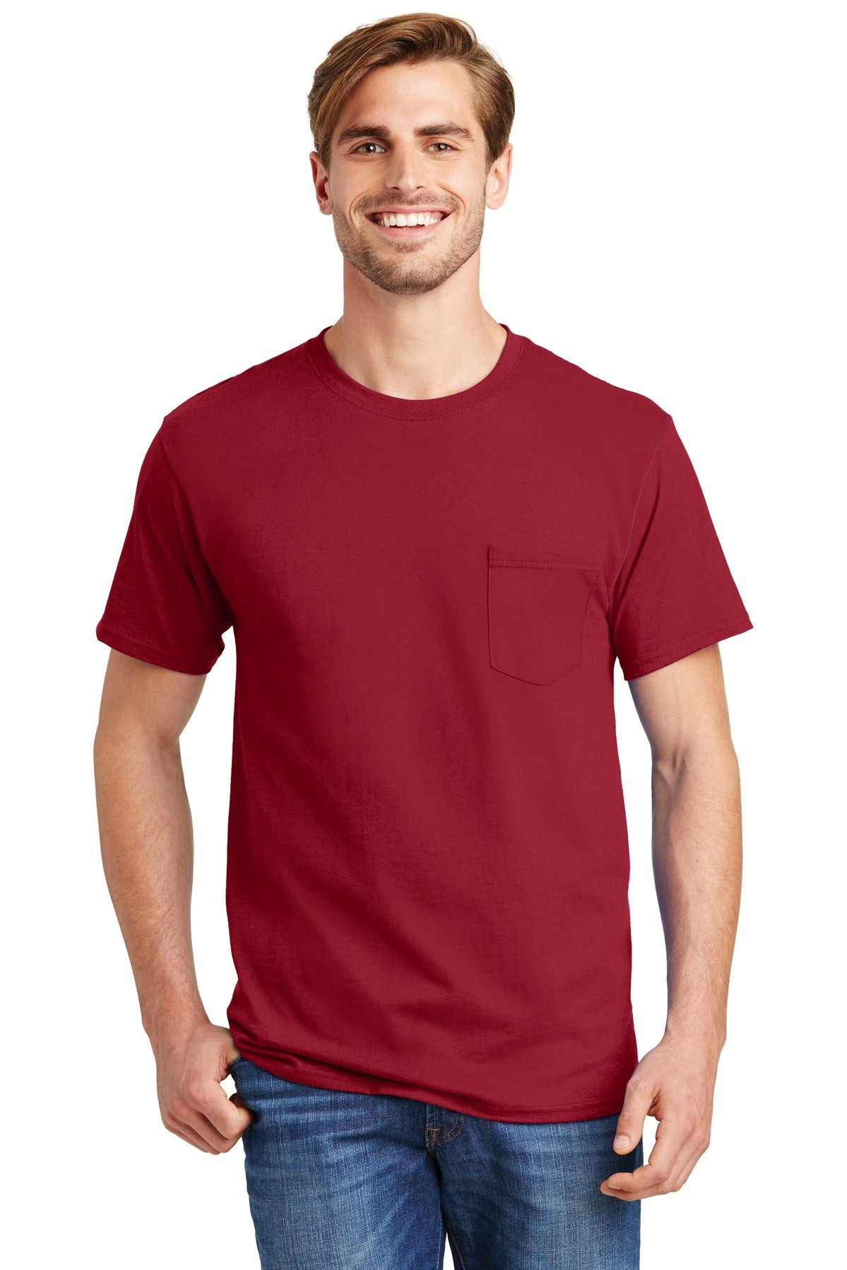 Front View of Deep Red Hanes - Authentic 100% Cotton T-Shirt with Pocket. 5590