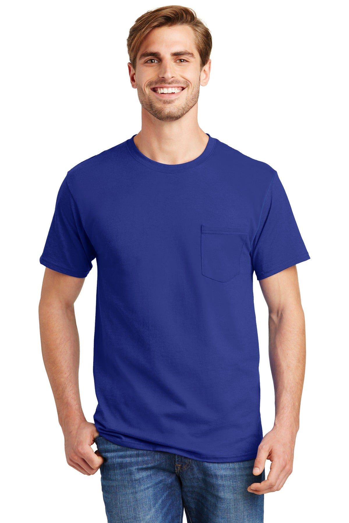 Front View of Deep Royal Hanes - Authentic 100% Cotton T-Shirt with Pocket. 5590