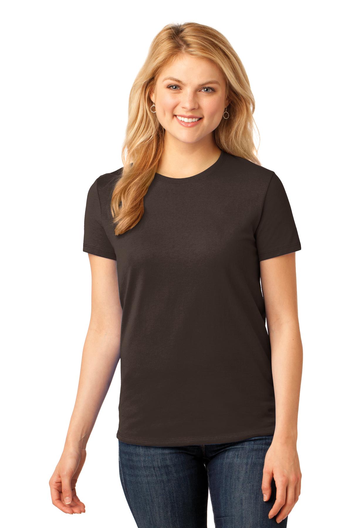 Front View of Dk Choc Brown Port & Company Women's Core Cotton Tee. LPC54