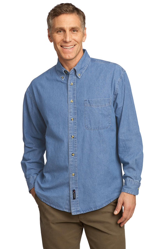 Front View of Faded Blue Port & Company - Long Sleeve Value Denim Shirt. SP10