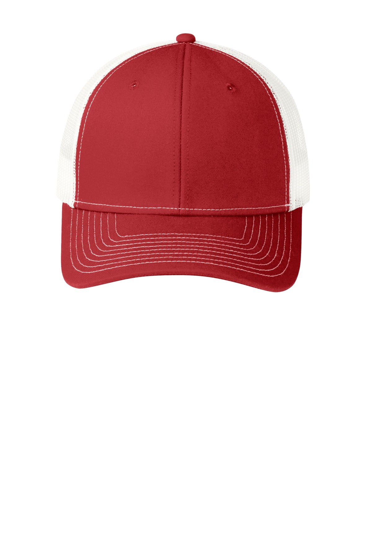 Front View of Flame Red/Wht Port Authority Snapback Trucker Cap. C112