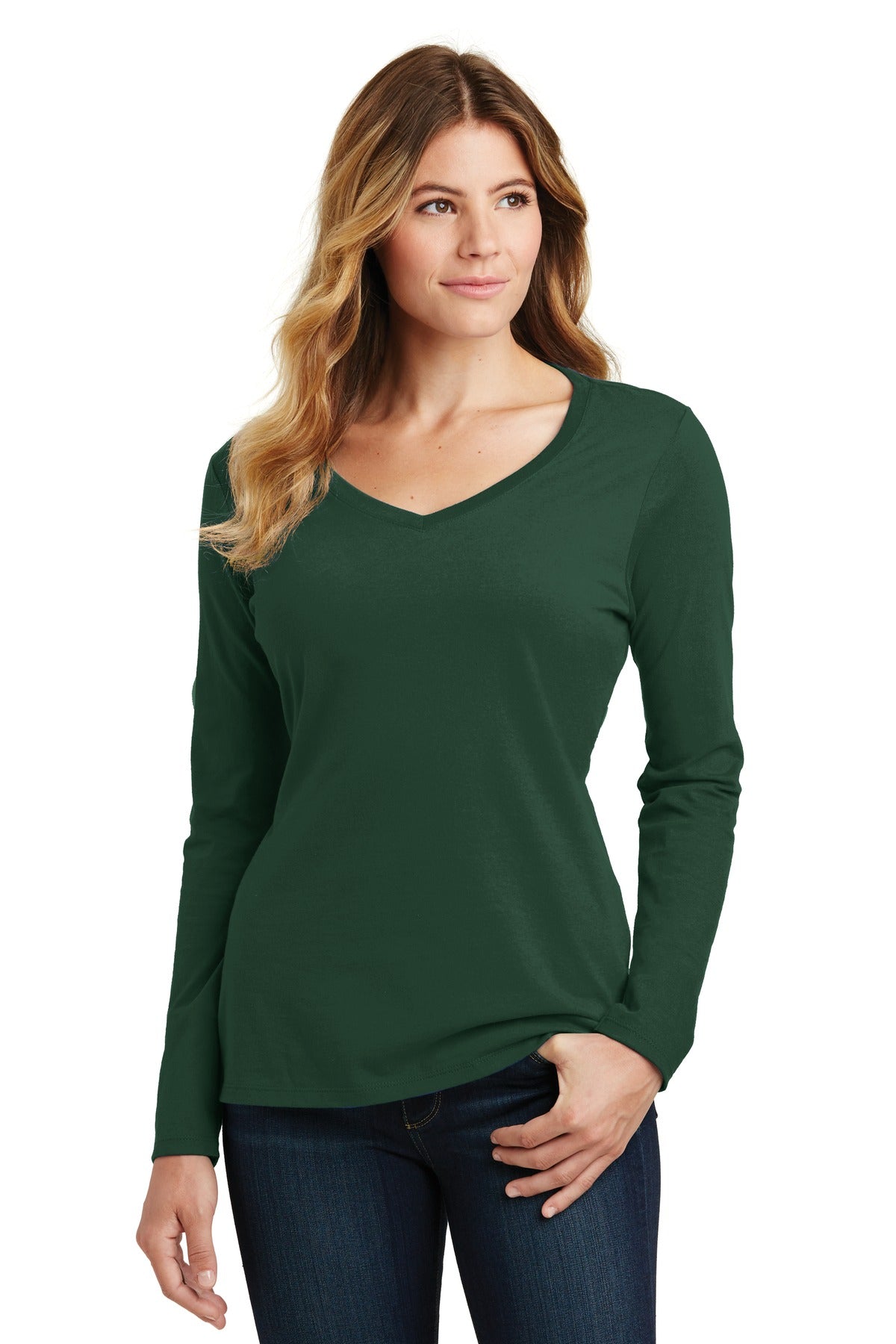 Front View of Forest Green Port & Company Women's Long Sleeve Fan Favorite V-Neck Tee. LPC450VLS