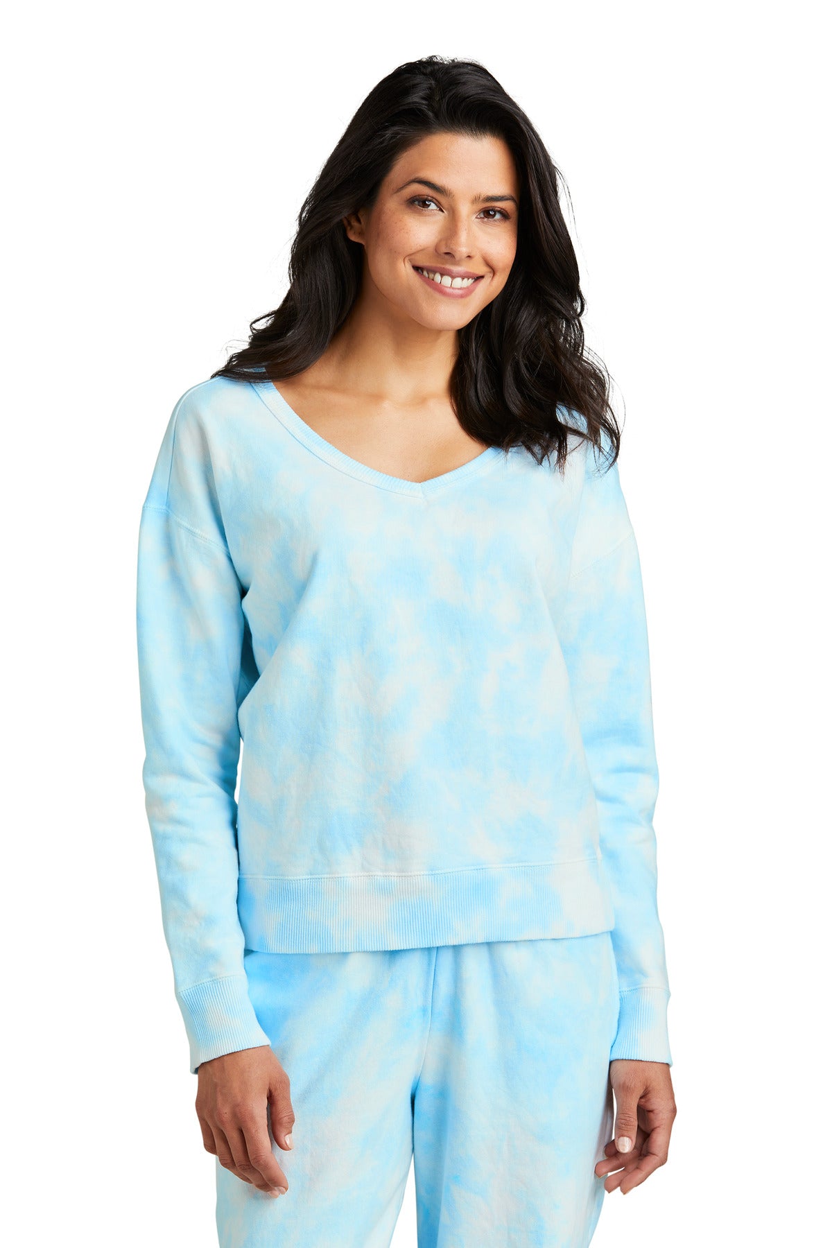 Front View of Glacier Port & Company Women's Beach Wash Cloud Tie-Dye V-Neck Sweatshirt LPC140V