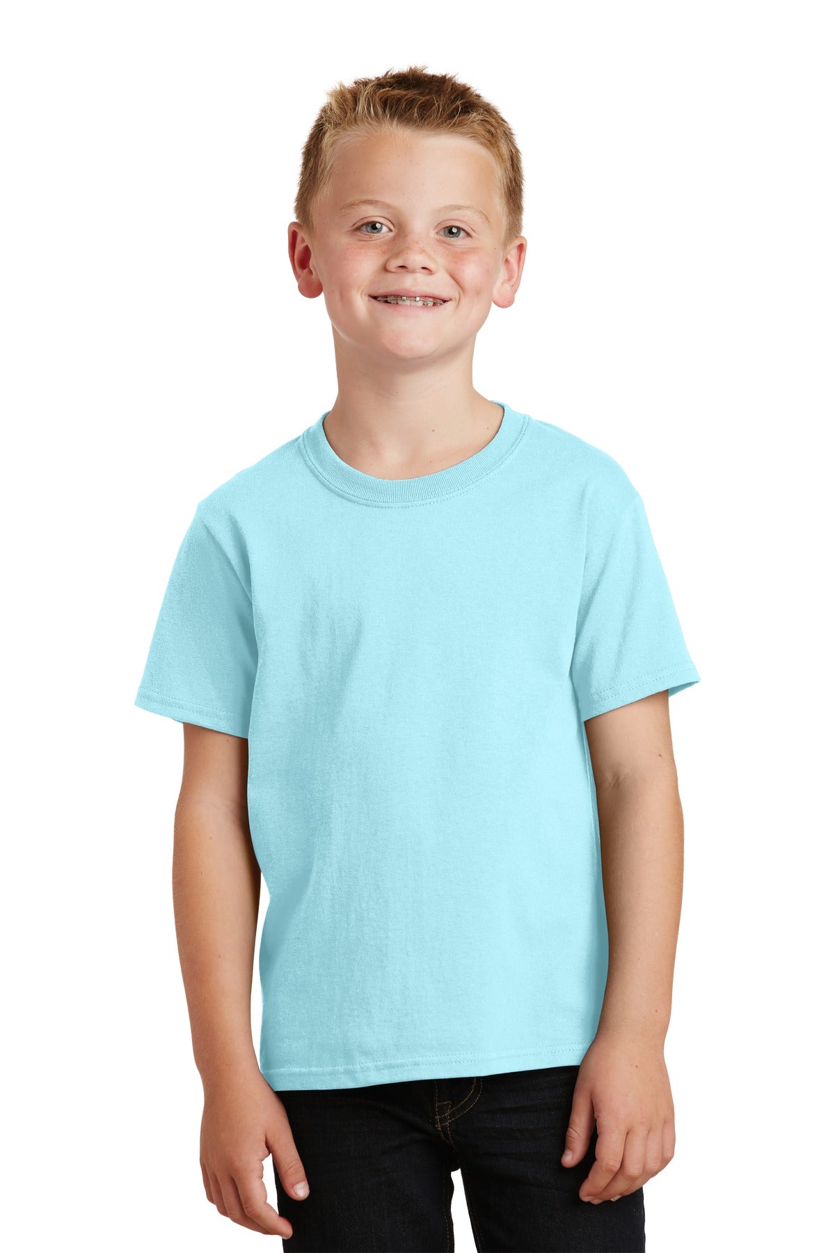 Front View of Glacier Port & Company Youth Beach Wash Garment-Dyed Tee. PC099Y