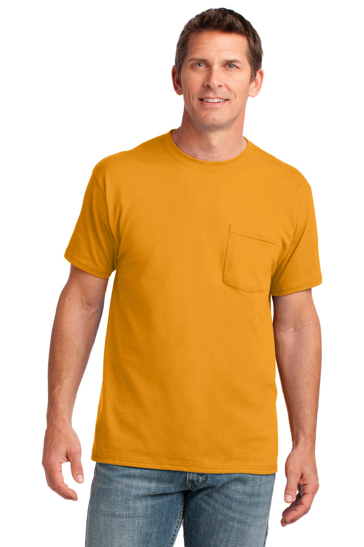 Front View of Gold Port & Company Core Cotton Pocket Tee. PC54P