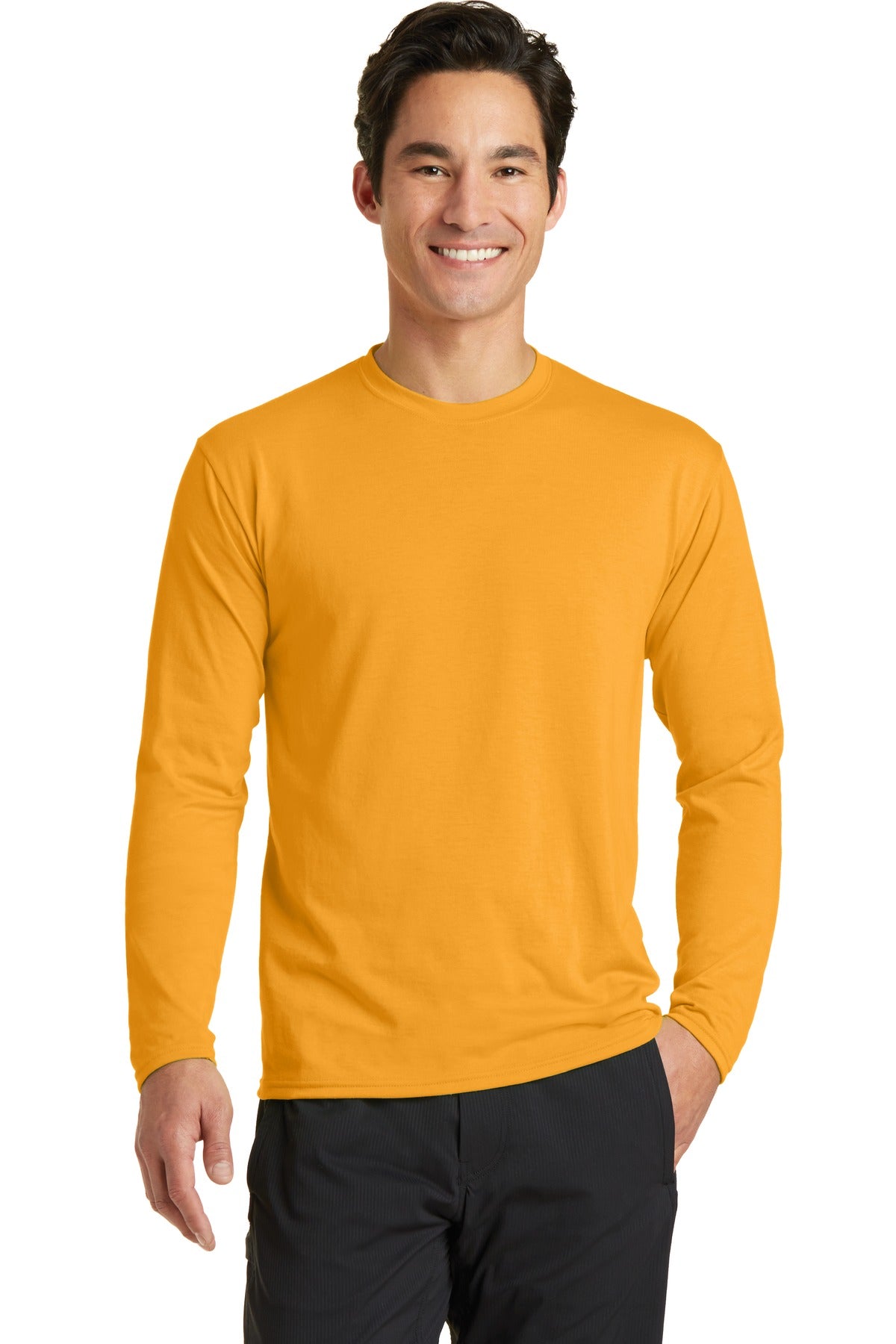 Front View of Gold Port & Company Long Sleeve Performance Blend Tee. PC381LS