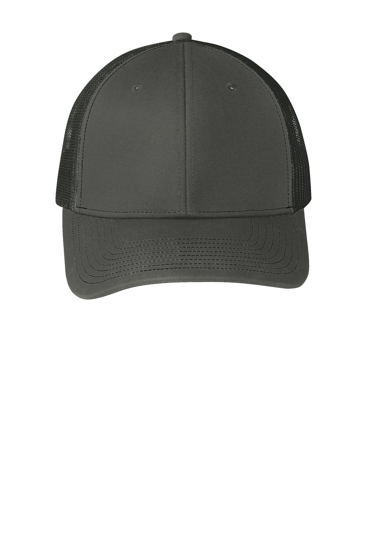 Front View of Grey Steel Port Authority Snapback Trucker Cap. C112