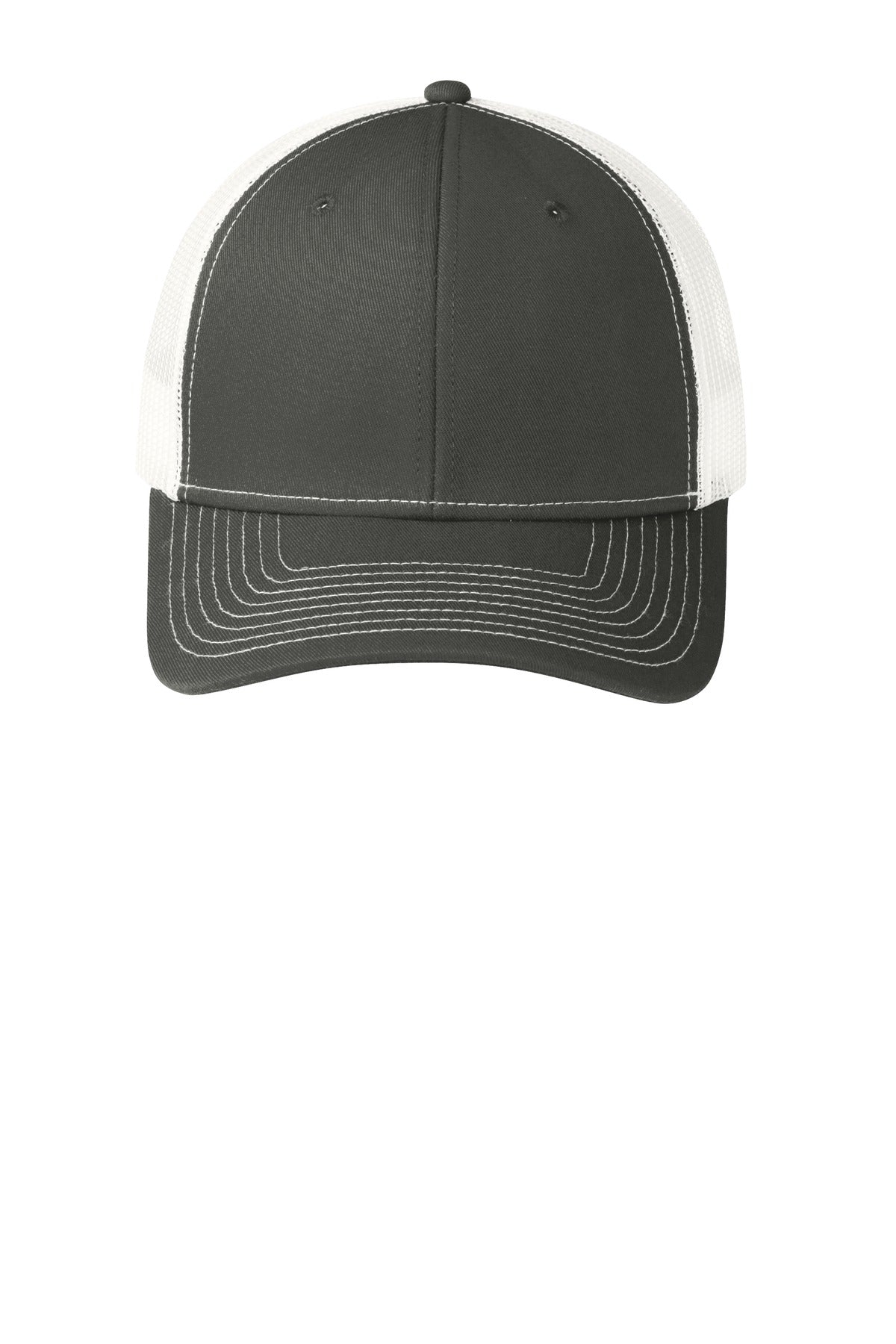 Front View of Grey Steel/Wht Port Authority Snapback Trucker Cap. C112