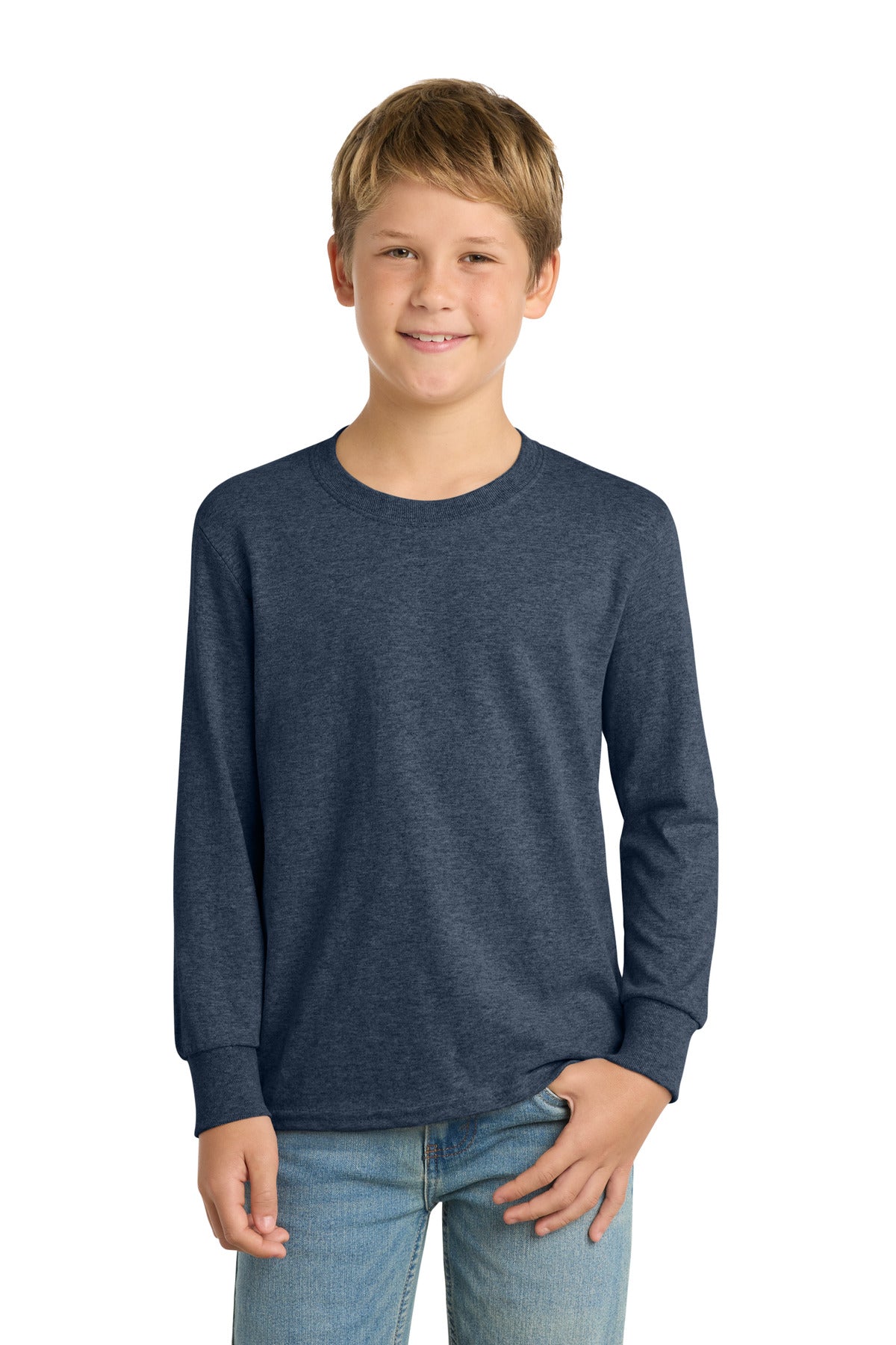 Front View of Heather Navy Port & Company Youth Long Sleeve Core Cotton Tee. PC54YLS