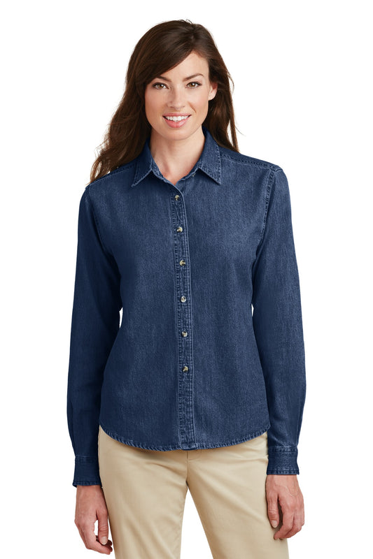 Front View of Ink Port & Company Women's Long Sleeve Value Denim Shirt. LSP10