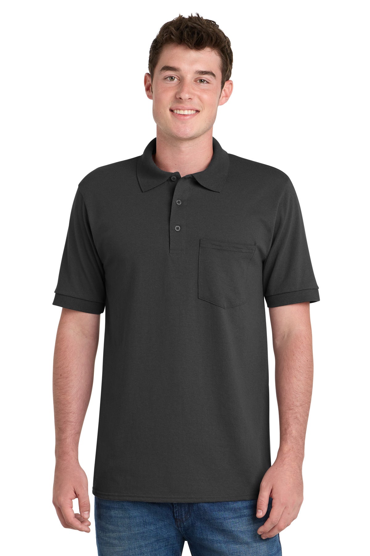 Front View of Jet Black Port & Company Core Blend Jersey Knit Pocket Polo. KP55P