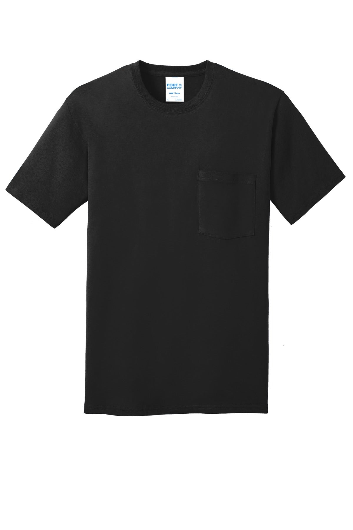 Front View of Jet Black Port & Company Core Cotton Pocket Tee. PC54P