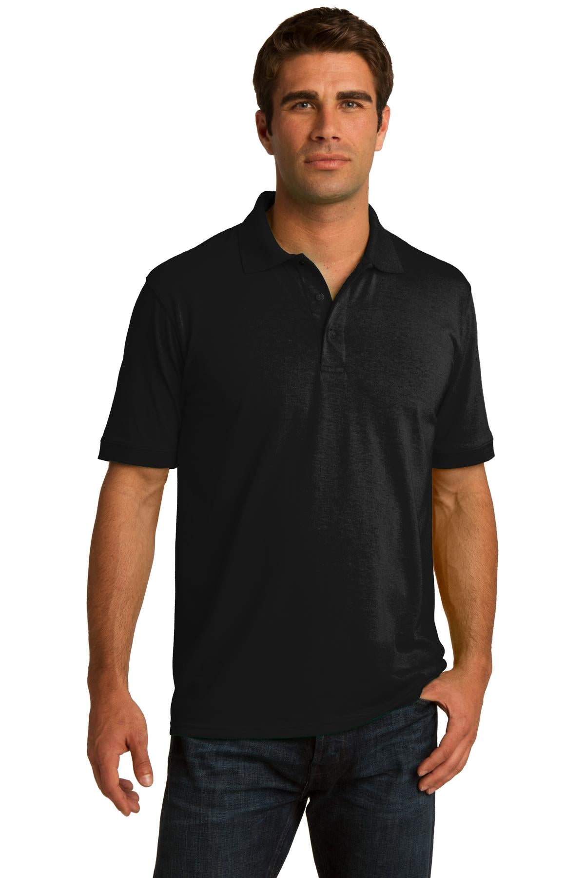 Front View of Jet Black Port & Company Tall Core Blend Jersey Knit Polo. KP55T