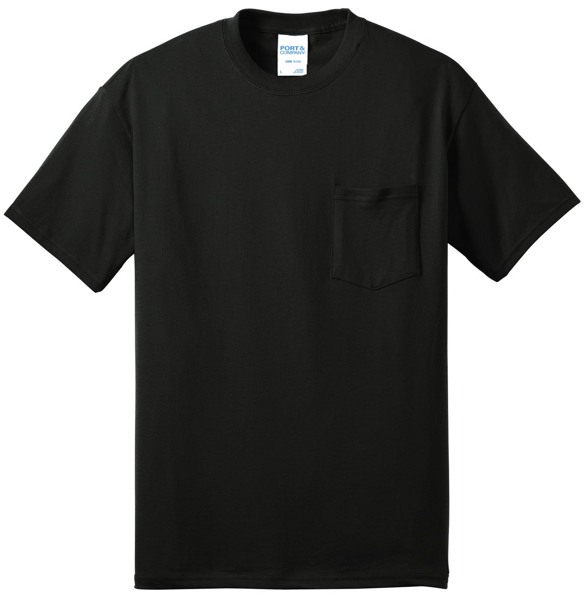 Front View of Jet Black Port & Company Tall Core Blend Pocket Tee. PC55PT