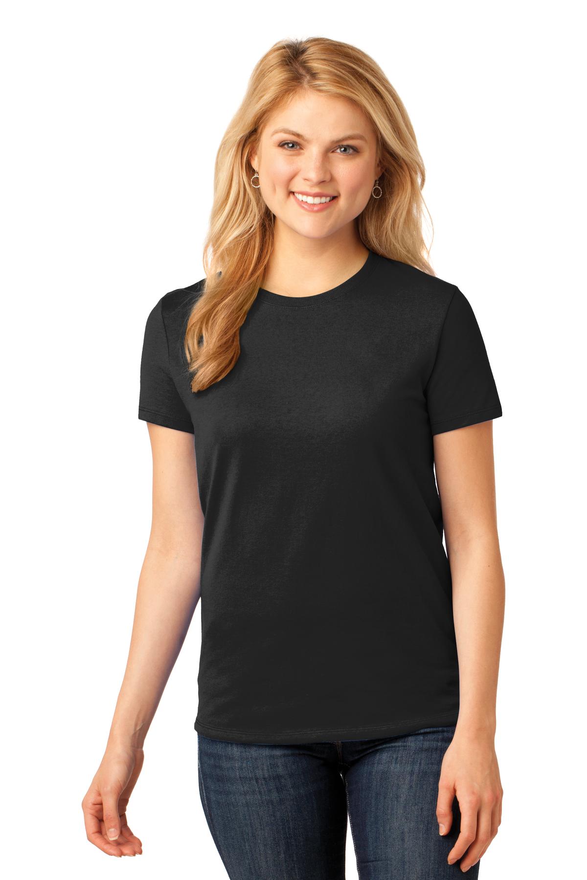 Front View of Jet Black Port & Company Women's Core Cotton Tee. LPC54