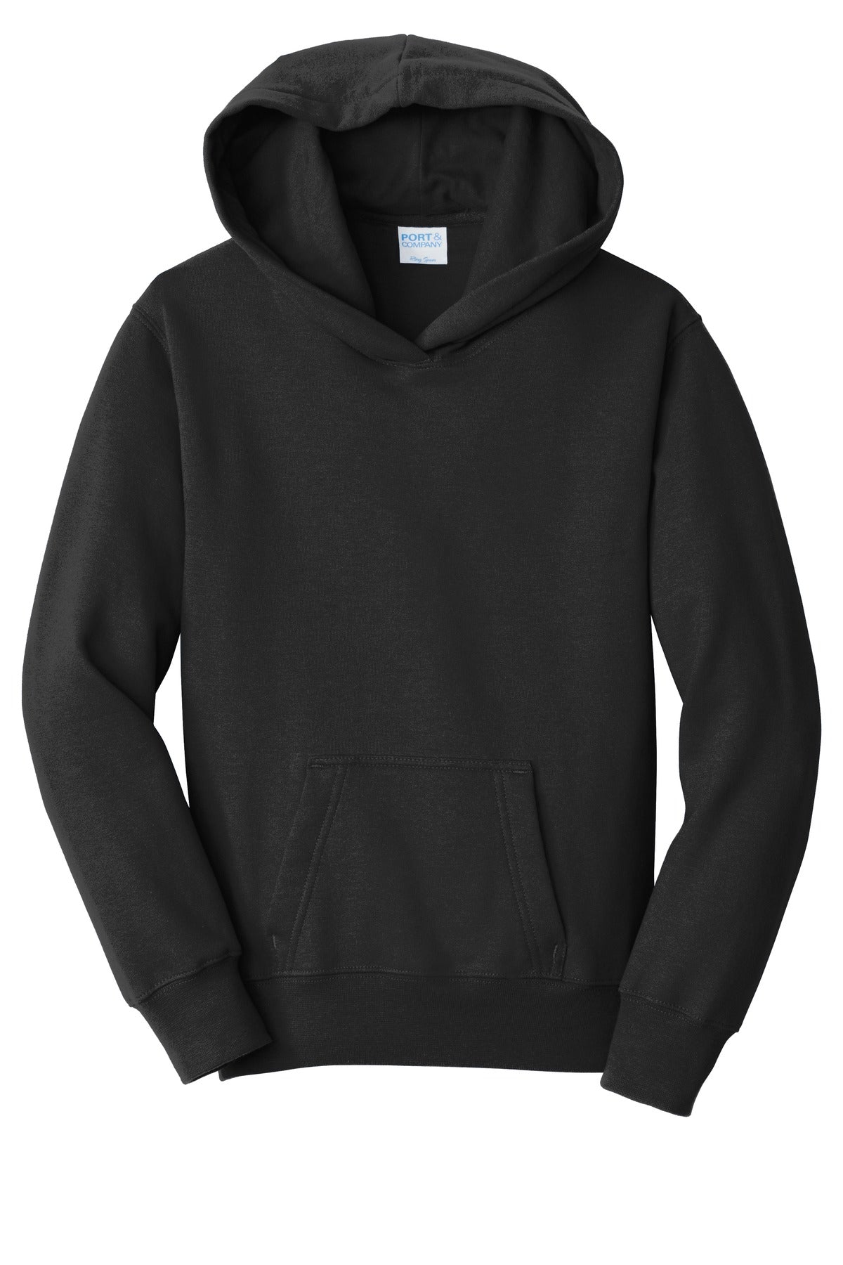 Front View of Jet Black Port & Company Youth Fan Favorite Fleece Pullover Hooded Sweatshirt. PC850YH
