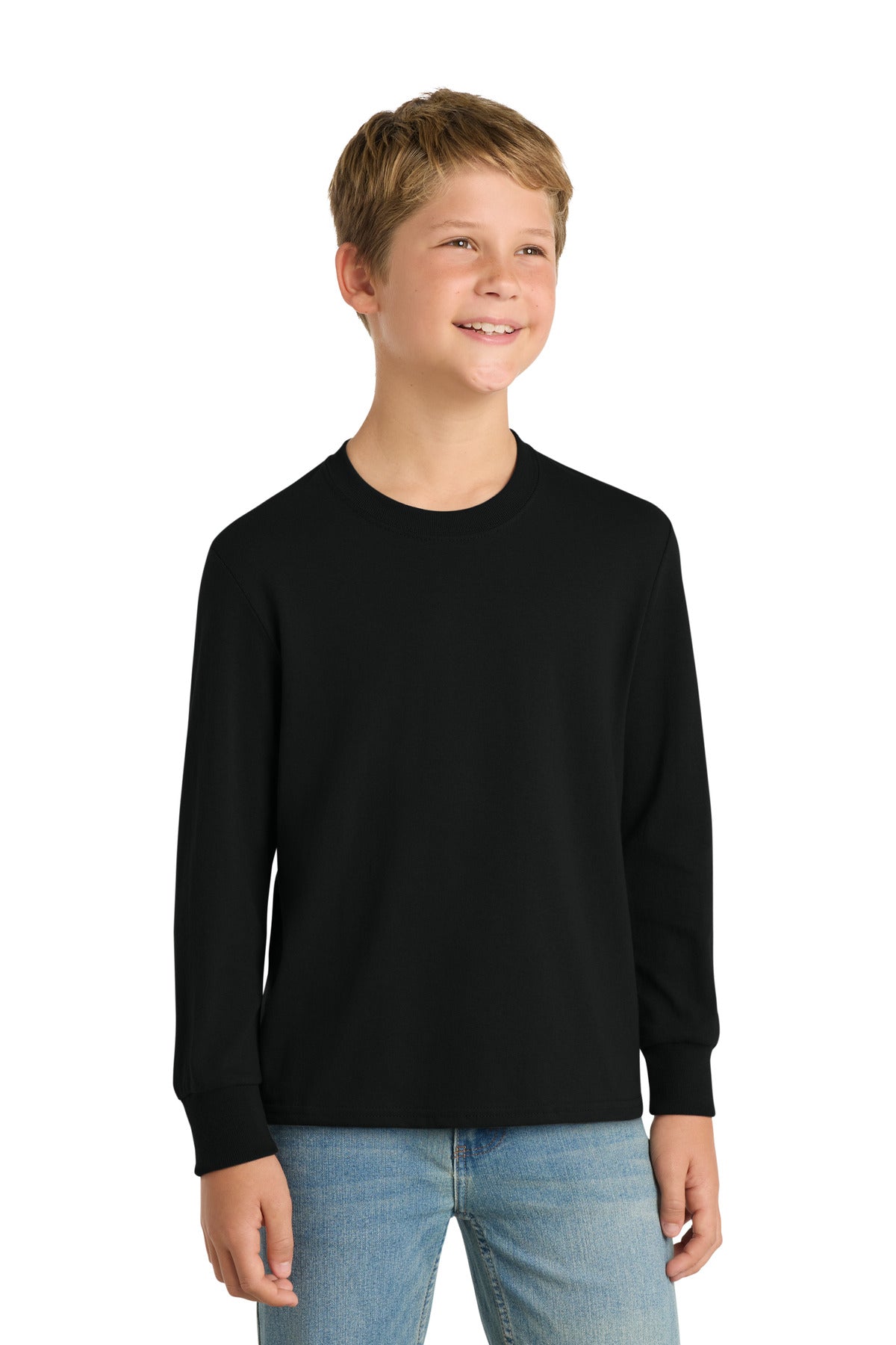 Front View of Jet Black Port & Company Youth Long Sleeve Core Cotton Tee. PC54YLS